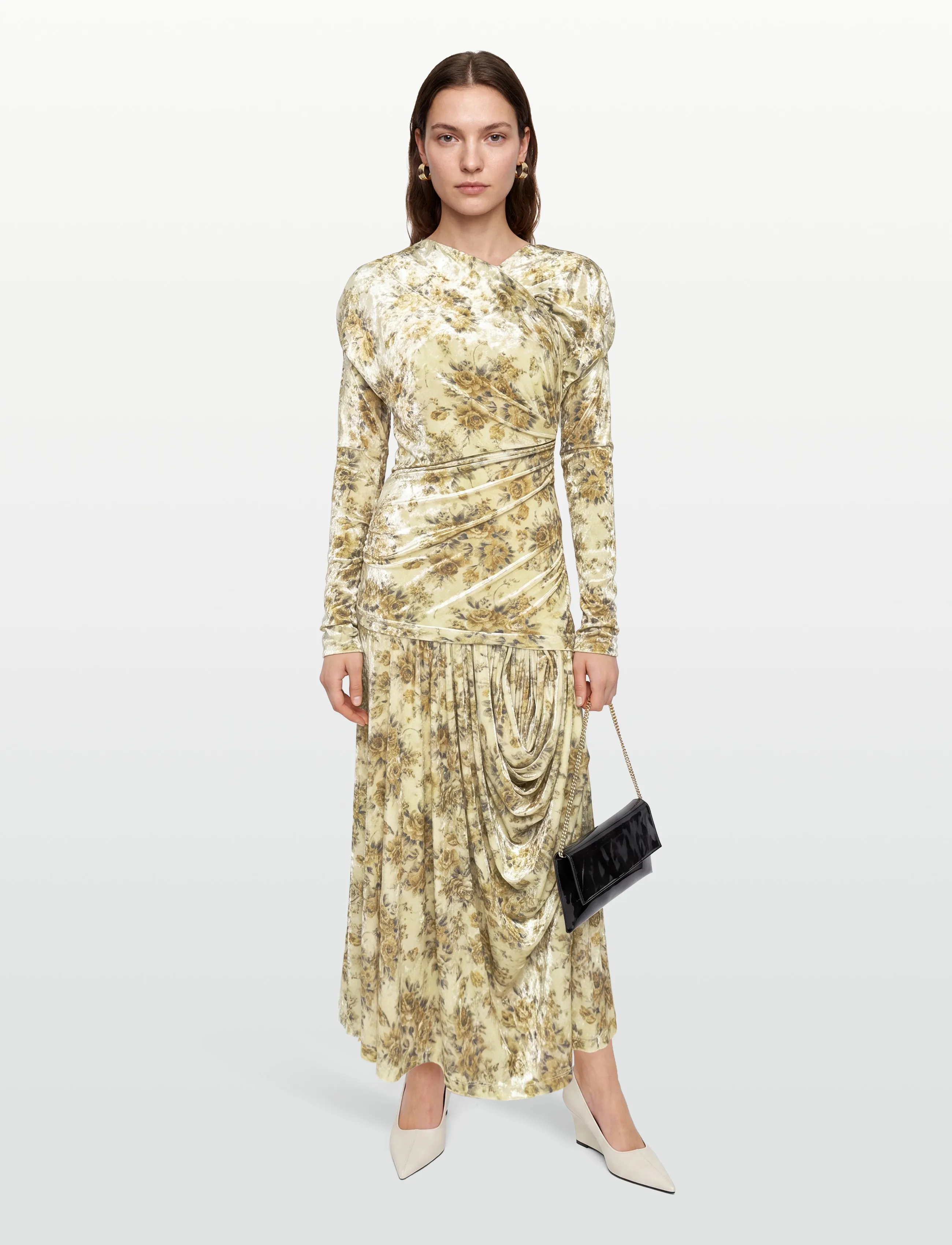 Ganni Golden Floral Ruched Dress, 40, Cream, Kjoler > Maxikjole, Dame