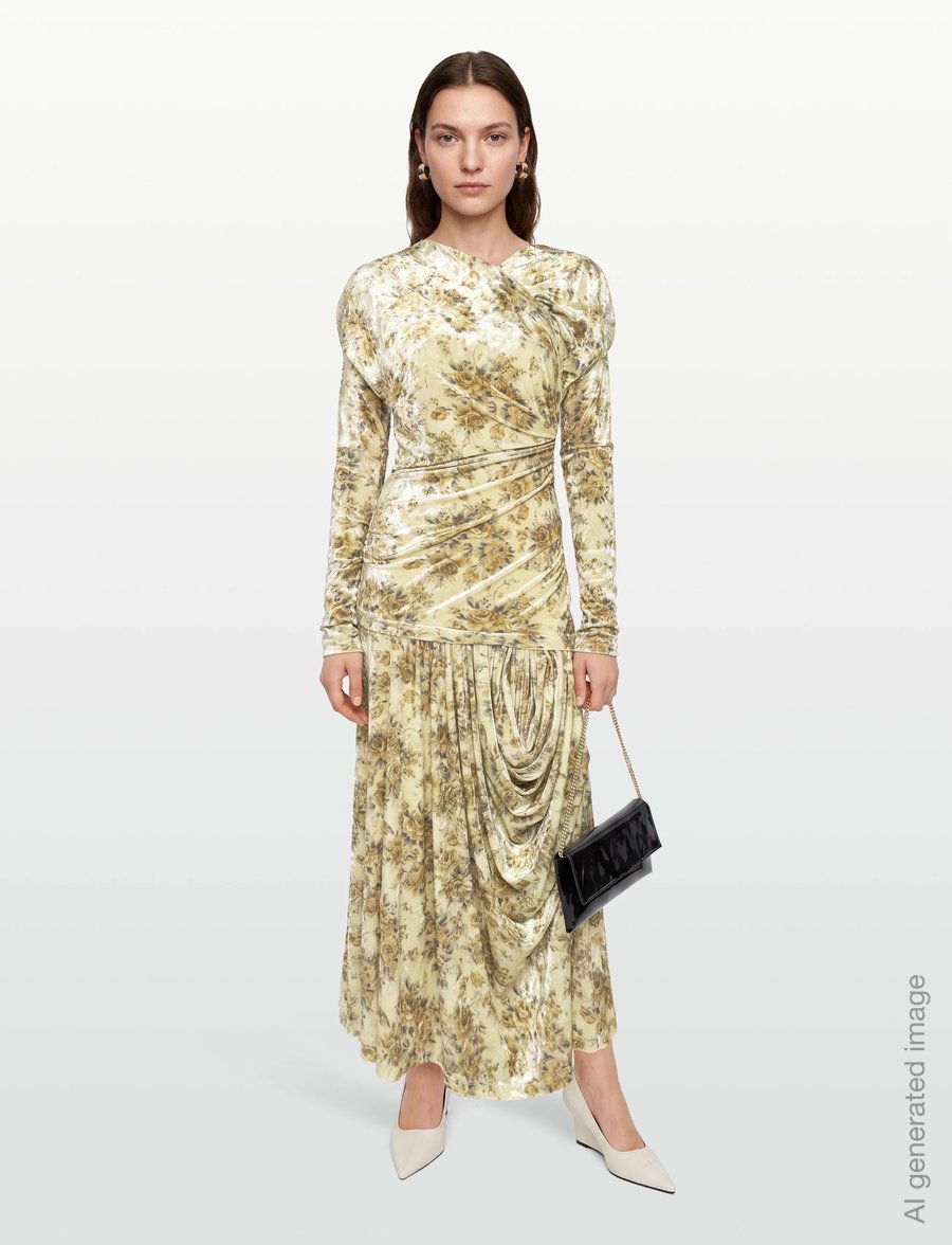 Ganni - Golden Floral Ruched Dress - abendkleider - multicolored - 0