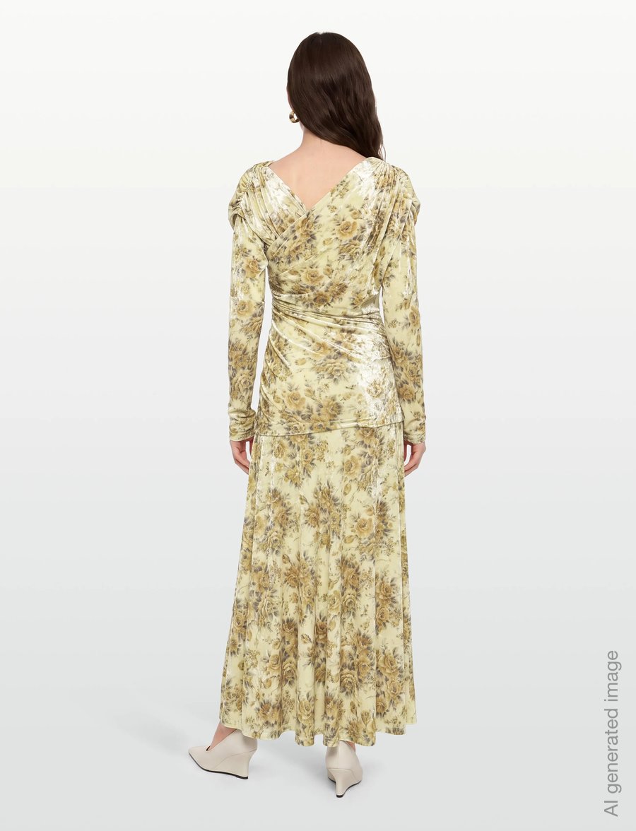 Ganni - Golden Floral Ruched Dress - abendkleider - multicolored - 4