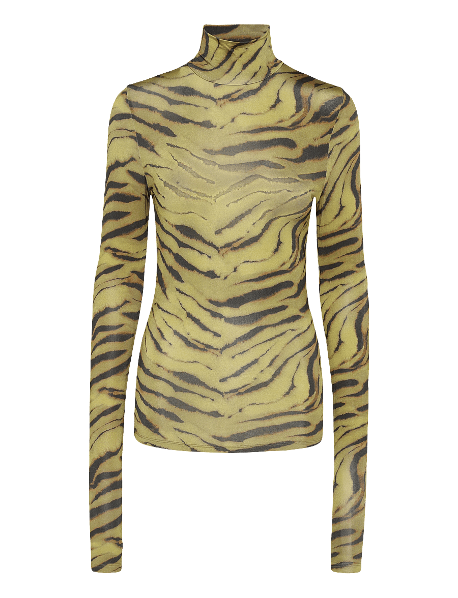 Ganni - Printed Shiny Jersey Turtleneck - rollkragenpullover - khakigreen - 1