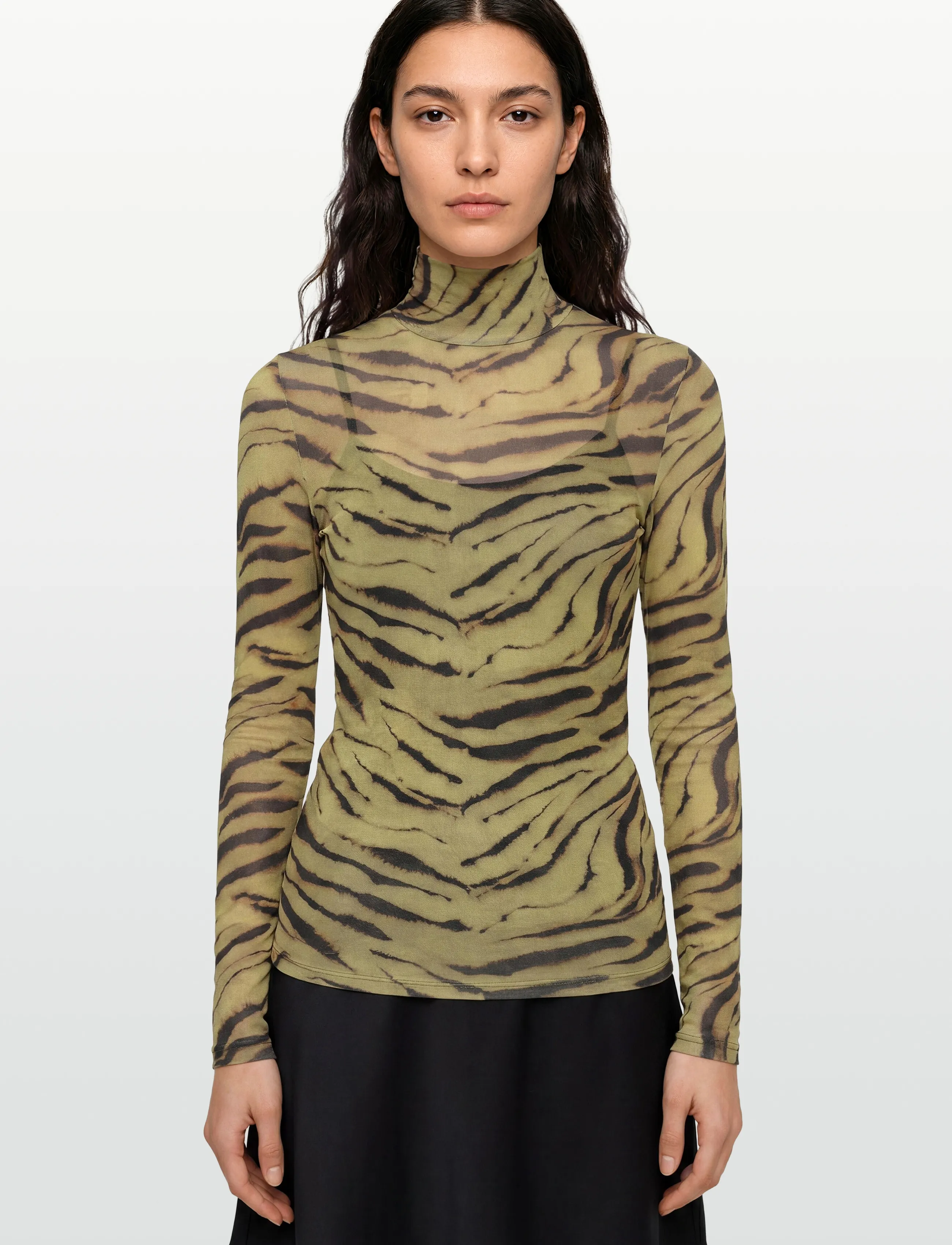 Ganni - Printed Shiny Jersey Turtleneck - rullekraver - khakigreen - 3