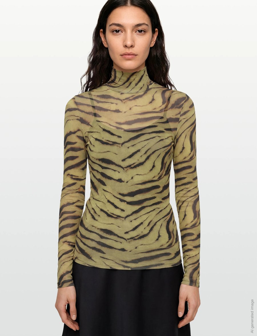 Ganni - Printed Shiny Jersey Turtleneck - rollkragenpullover - khakigreen - 3