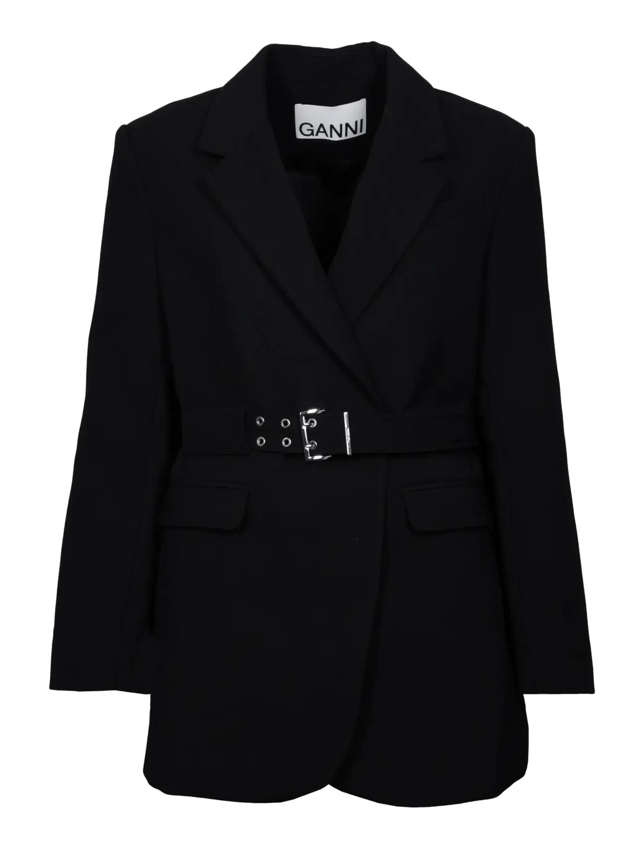Ganni Bonded Crepe Blazer, 40, Schwarz - Belted Frauen