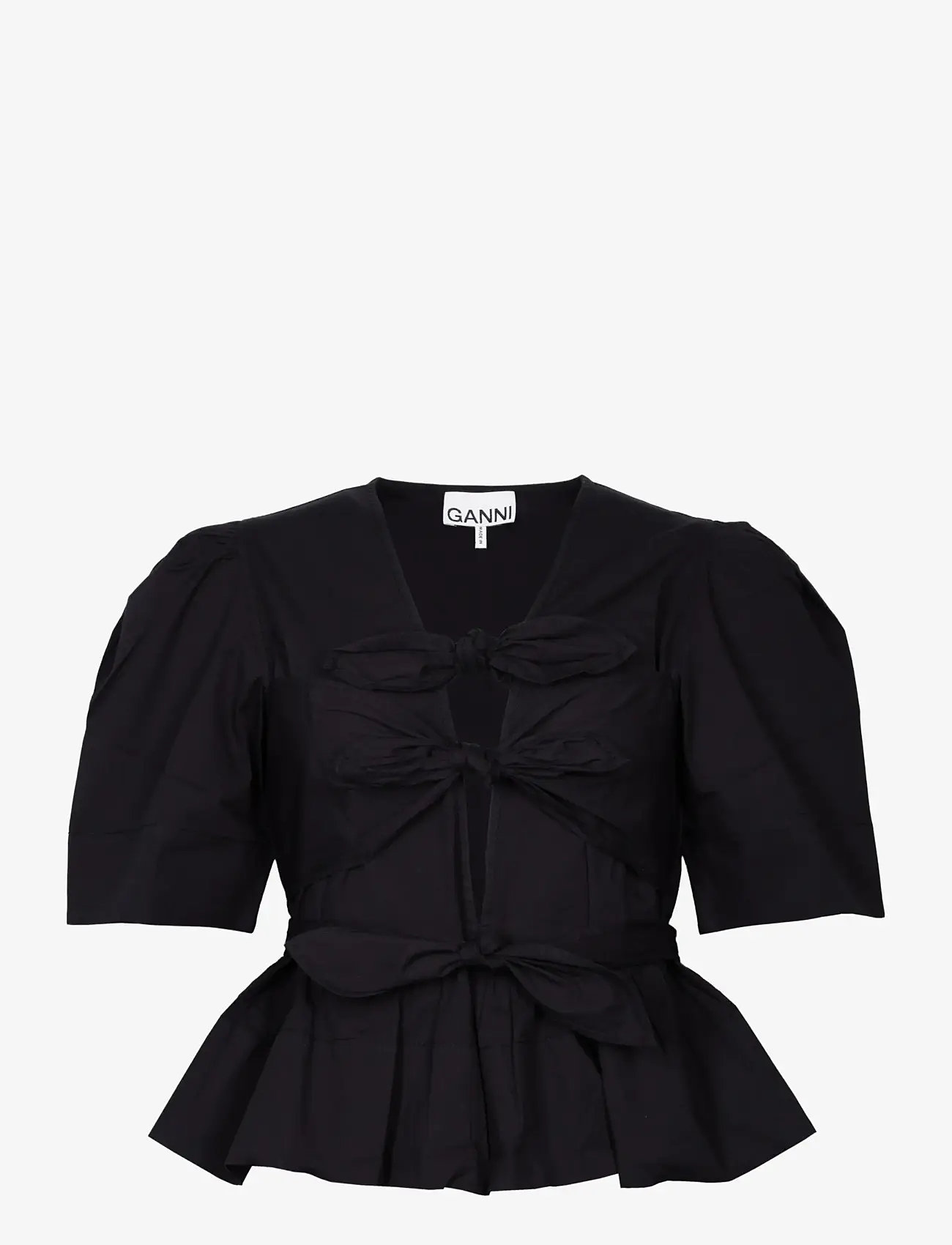 Ganni - Washed Stretch Cotton Tie Strap Blouse - kortærmede bluser - black - 0