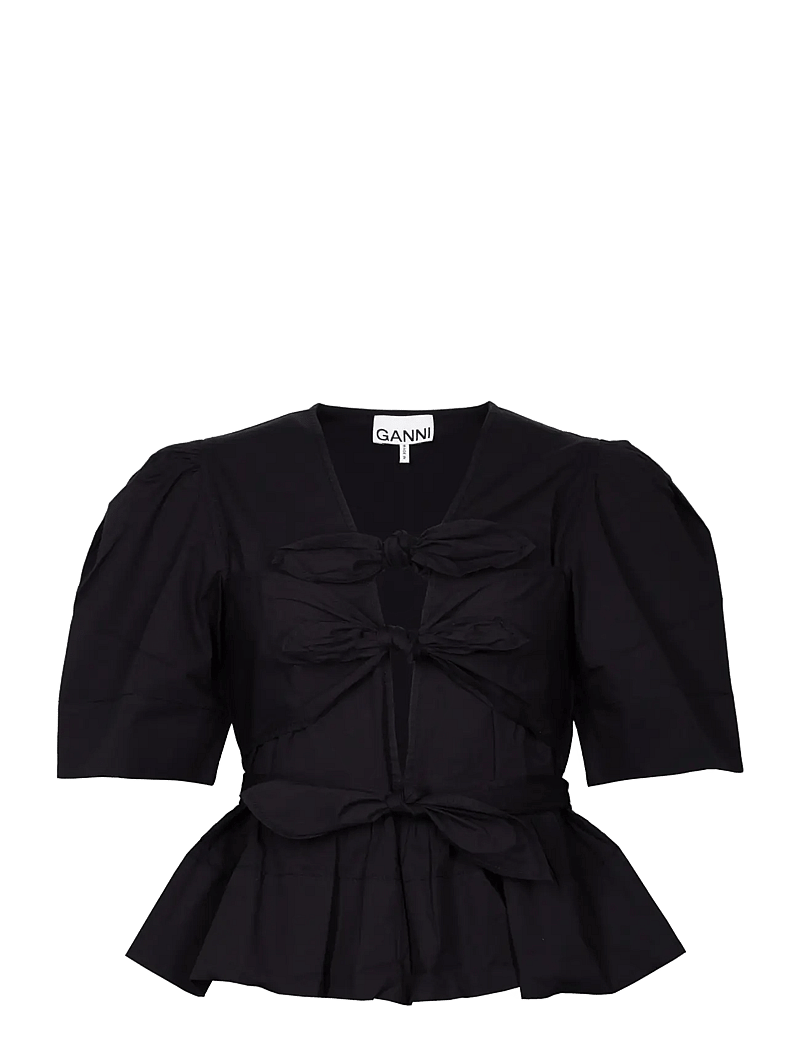 Ganni - Washed Stretch Cotton Tie Strap Blouse - kortærmede bluser - black - 0