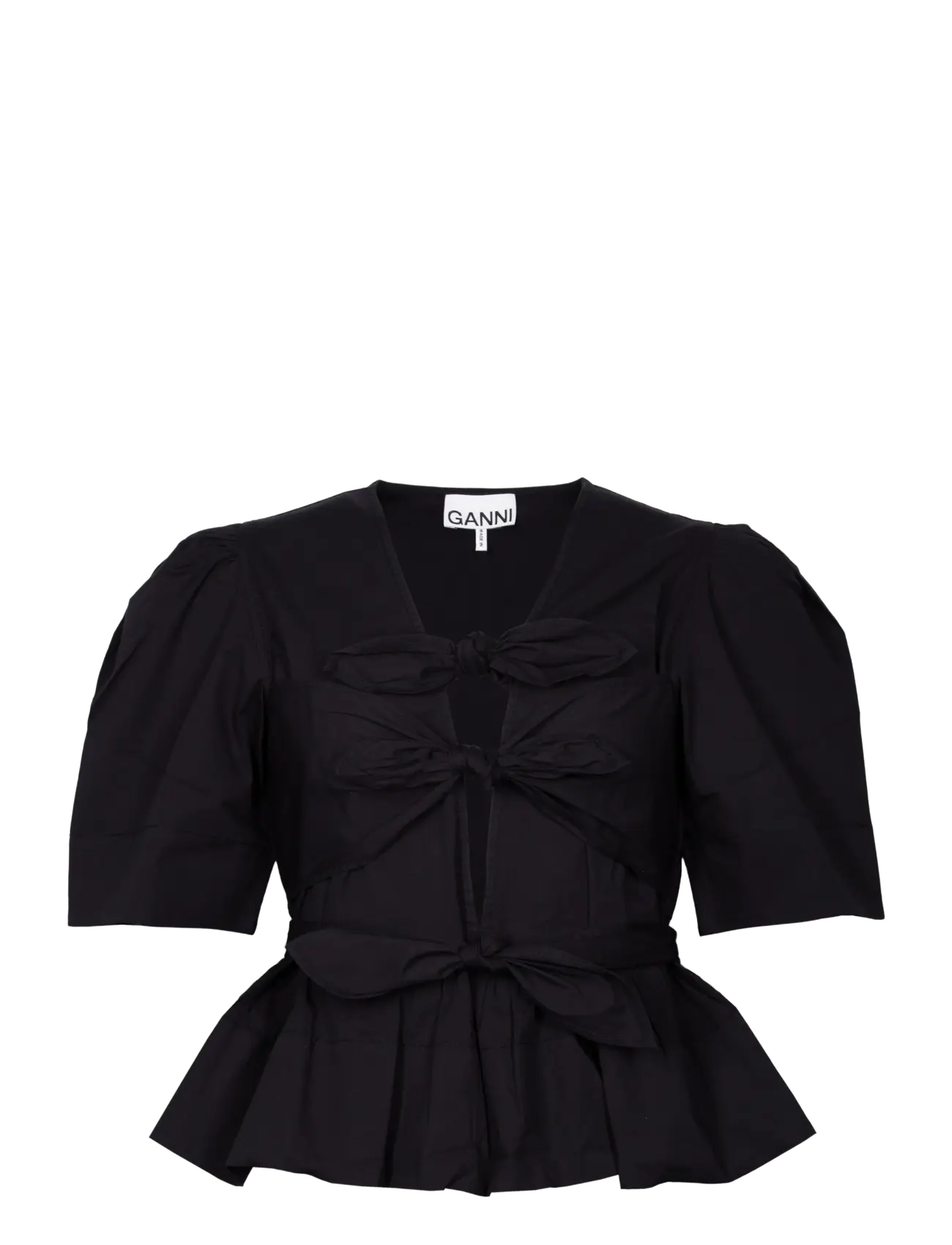 Ganni Washed Stretch Cotton Tie Strap Blouse - Kleidung - BLACK / black