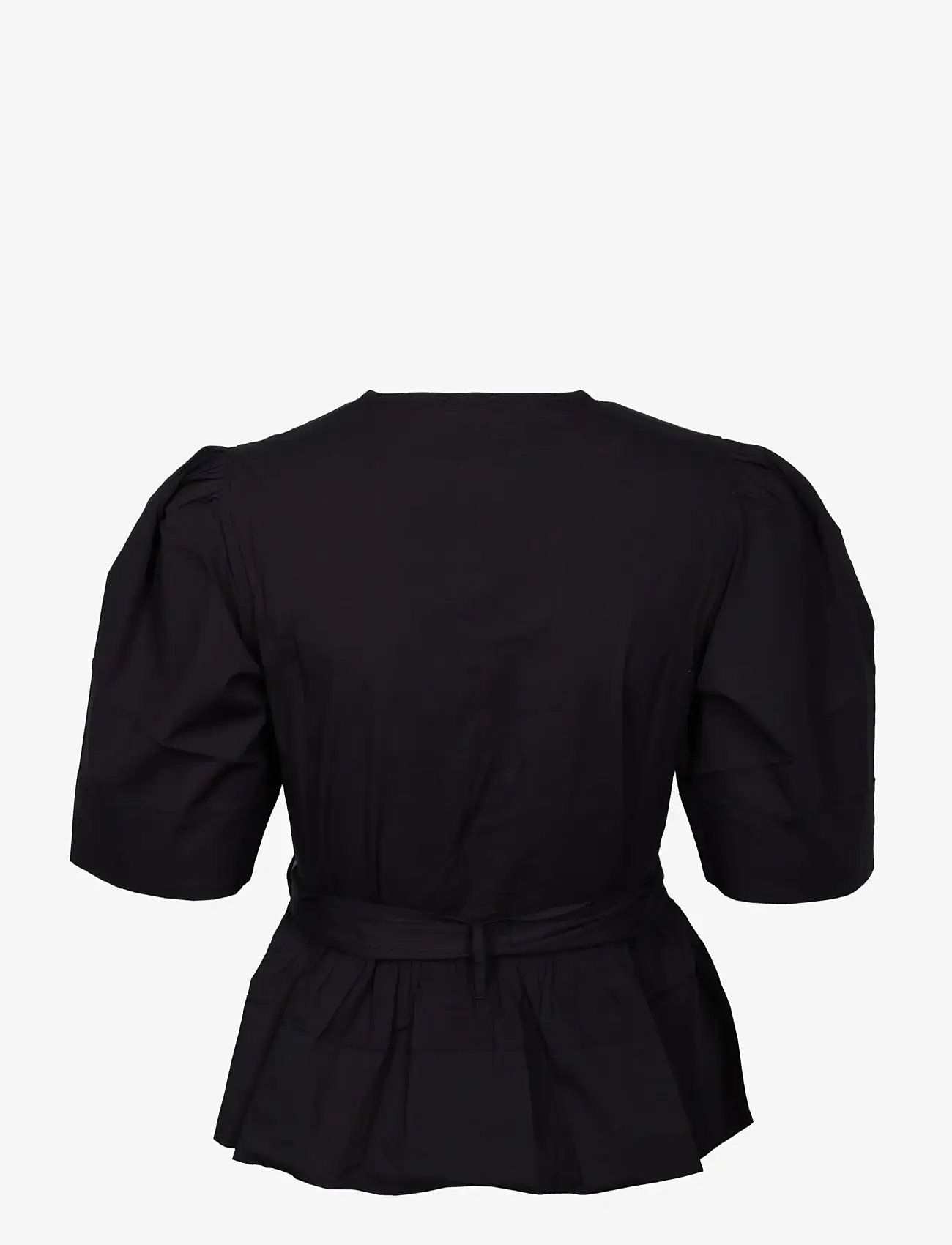 Ganni - Washed Stretch Cotton Tie Strap Blouse - kortærmede bluser - black - 1