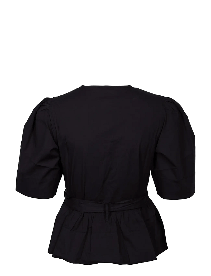 Ganni - Washed Stretch Cotton Tie Strap Blouse - kortærmede bluser - black - 1