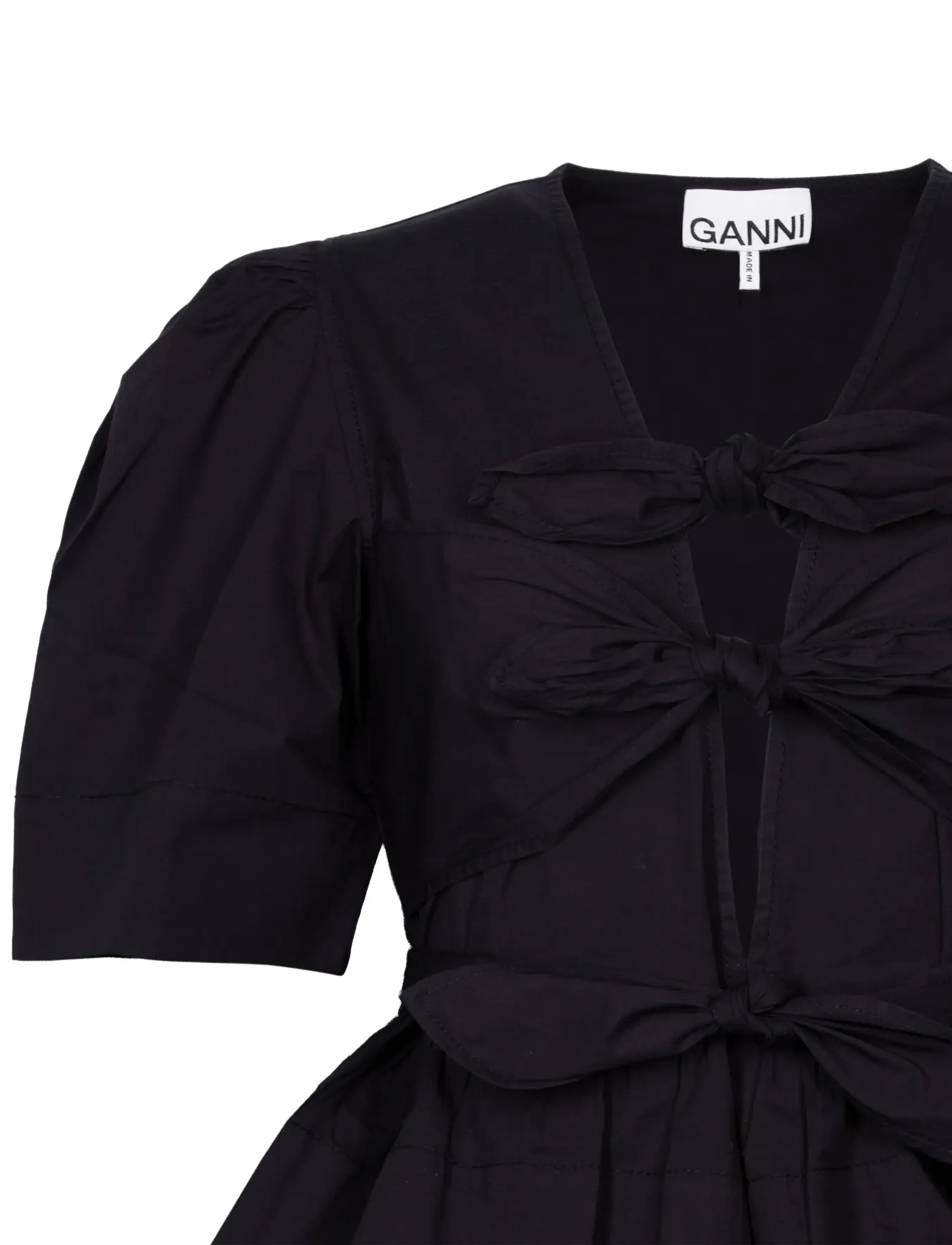 Ganni - Washed Stretch Cotton Tie Strap Blouse - kurzärmelige blusen - black - 2