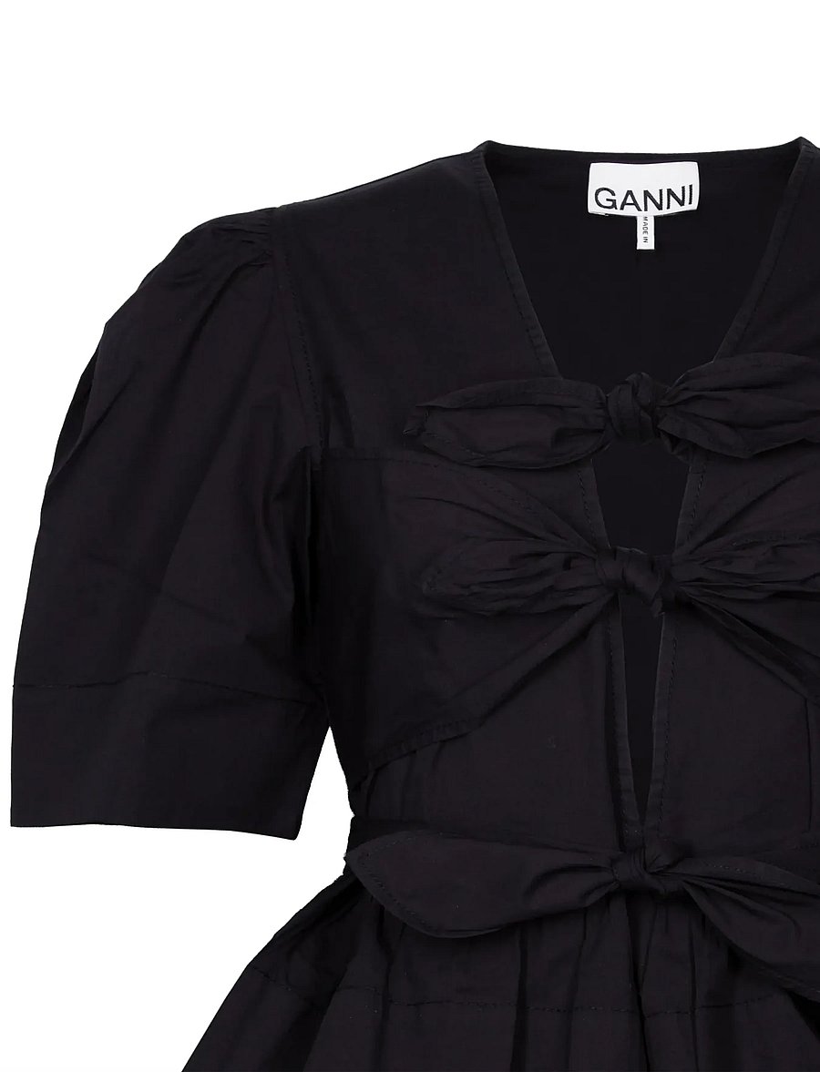 Ganni - Washed Stretch Cotton Tie Strap Blouse - kurzärmelige blusen - black - 2