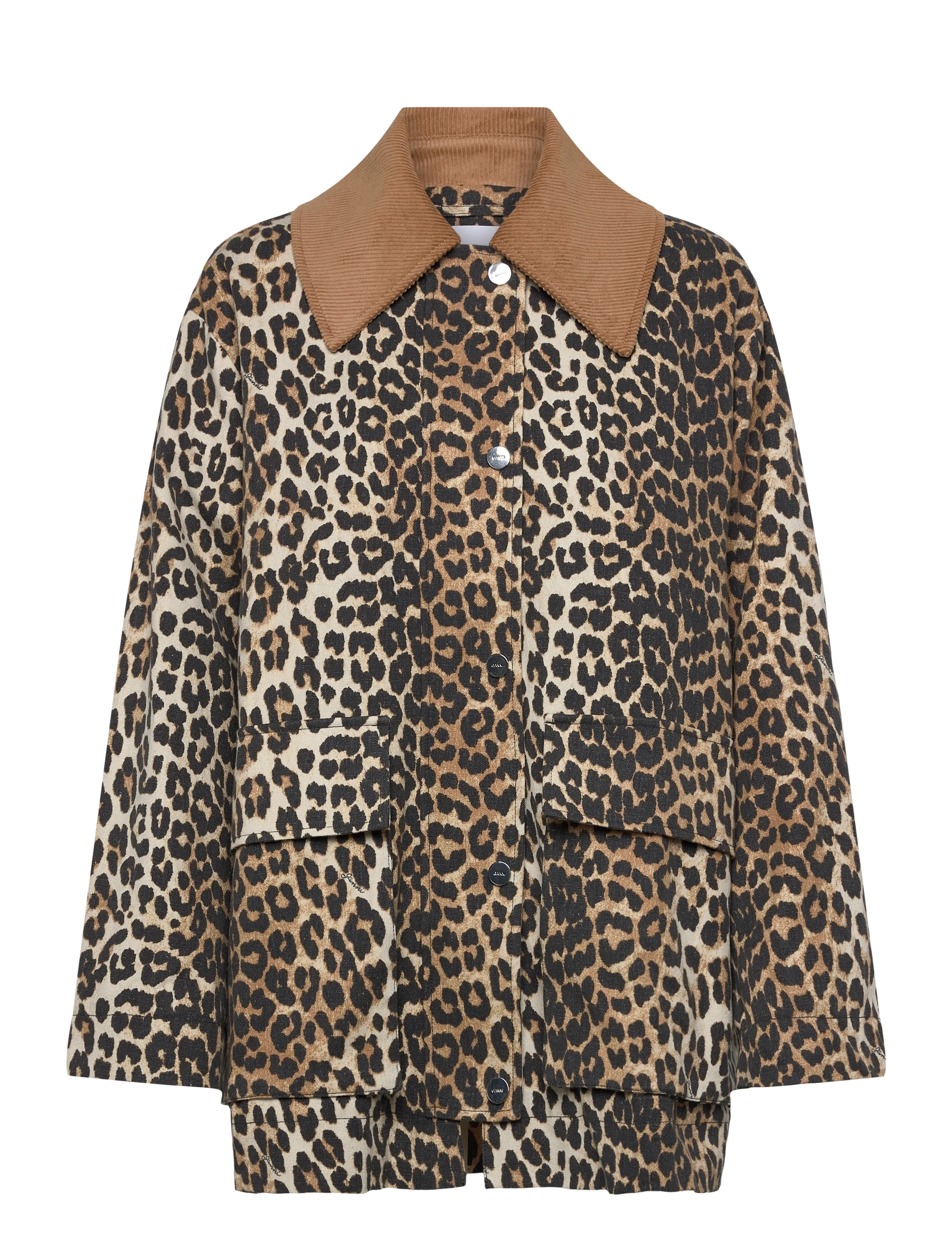 Ganni Almond Milk Leopard Printed Canvas Midi Jacket - Vêtements - BROWN / brown