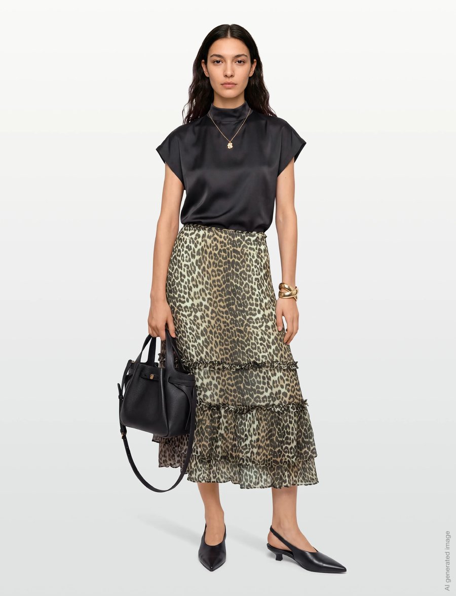 Ganni - Leopard Print Ruffle Skirt - maxi nederdele - brown - 0