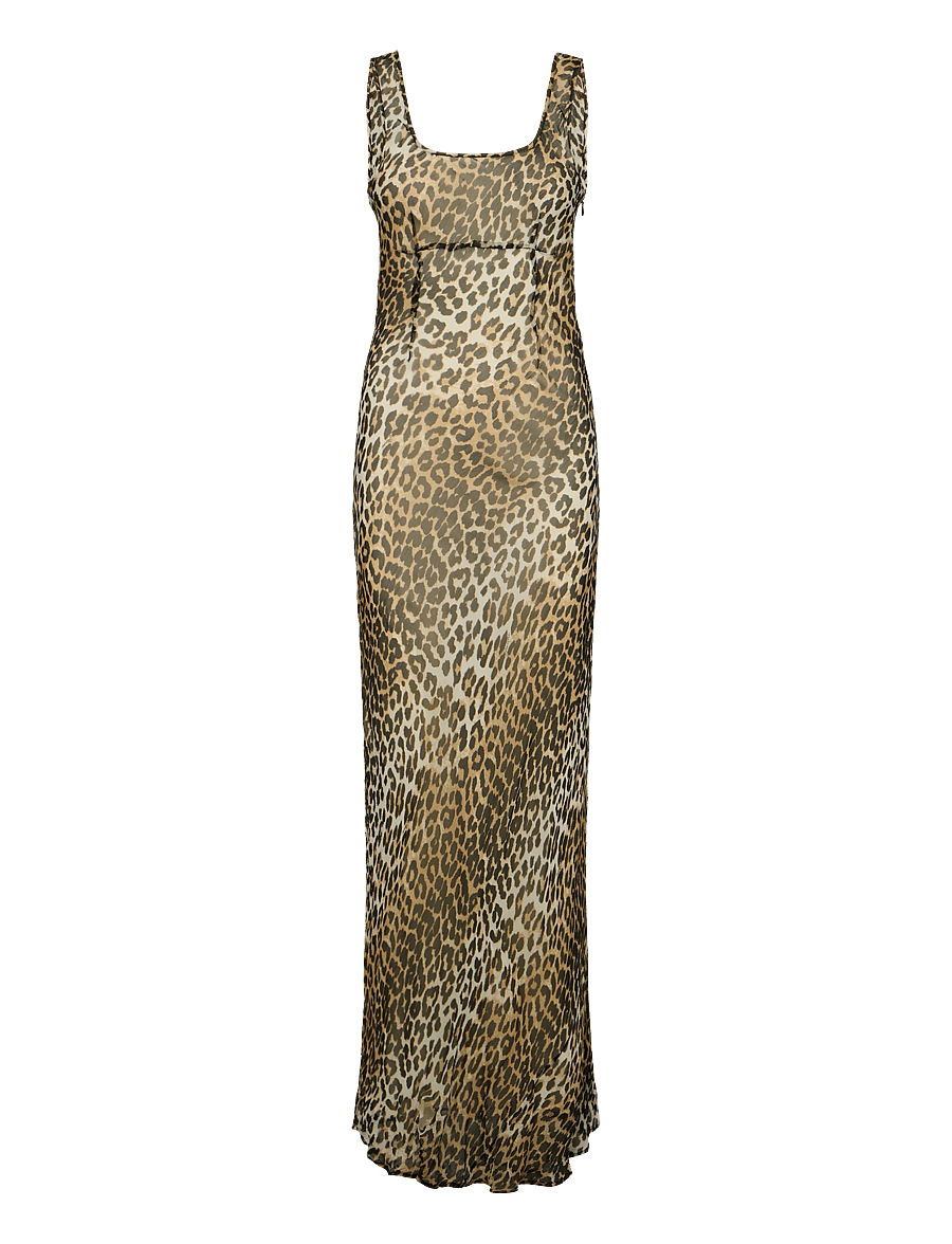 Ganni - Leopard Print Recycled Chiffon Maxi Dres - slip dresses - brown - 1