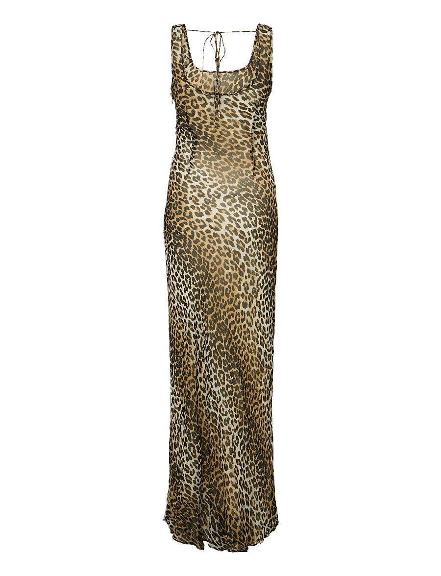 Ganni - Leopard Print Recycled Chiffon Maxi Dres - slip dresses - brown - 2