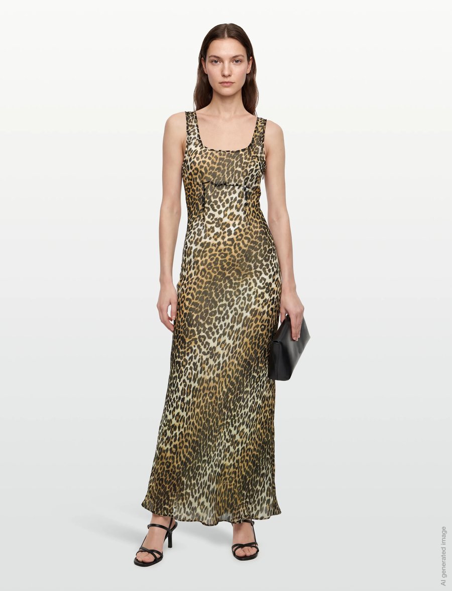 Ganni - Leopard Print Recycled Chiffon Maxi Dres - slip dresses - brown - 0
