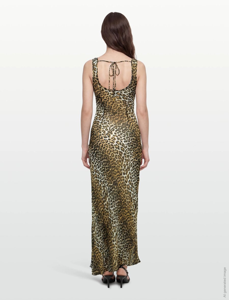 Ganni - Leopard Print Recycled Chiffon Maxi Dres - slip dresses - brown - 4