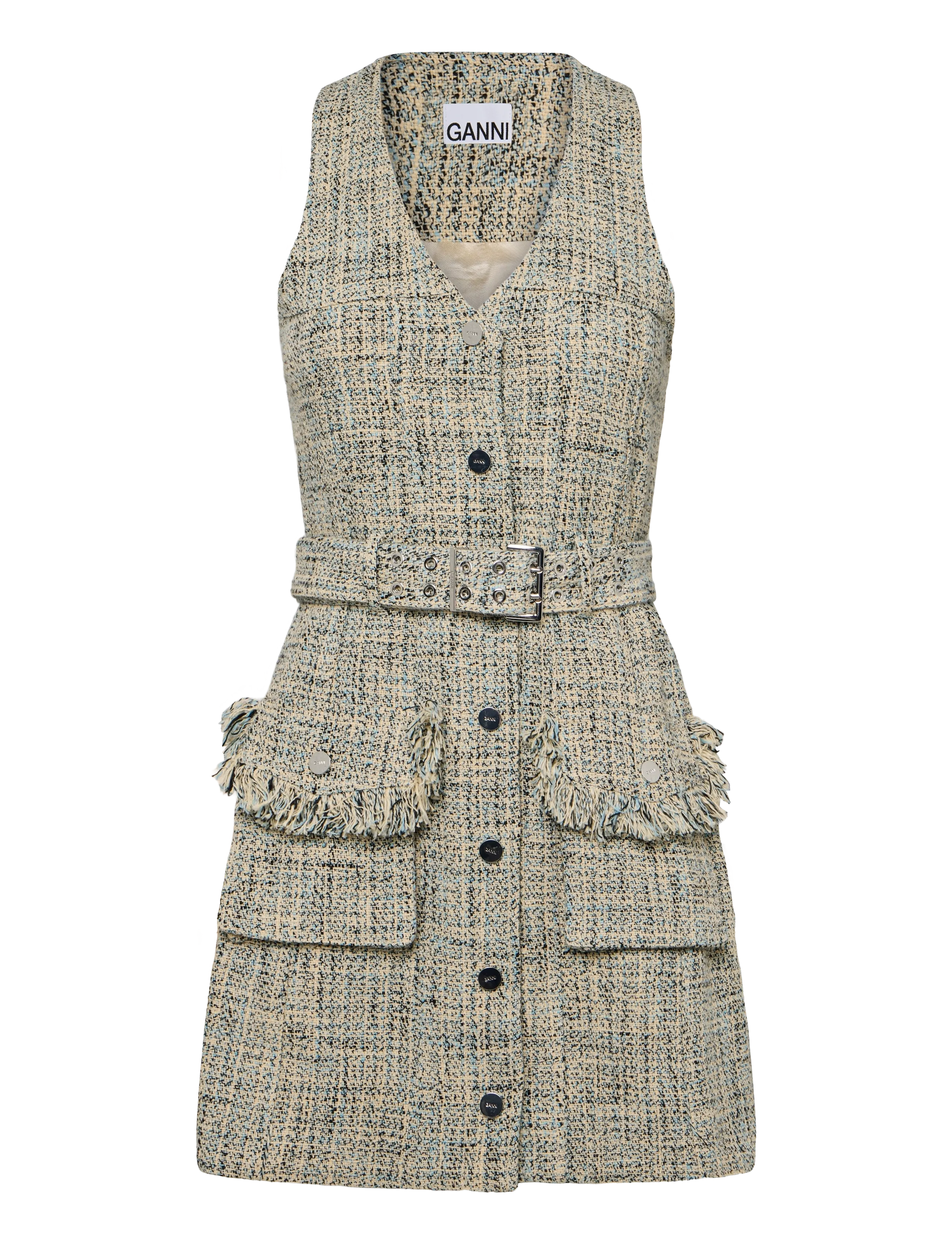 Ganni Belted Tweed Minidress, Kvinder, Bæltet Tweed Minikjole, Beige, Str: 36
