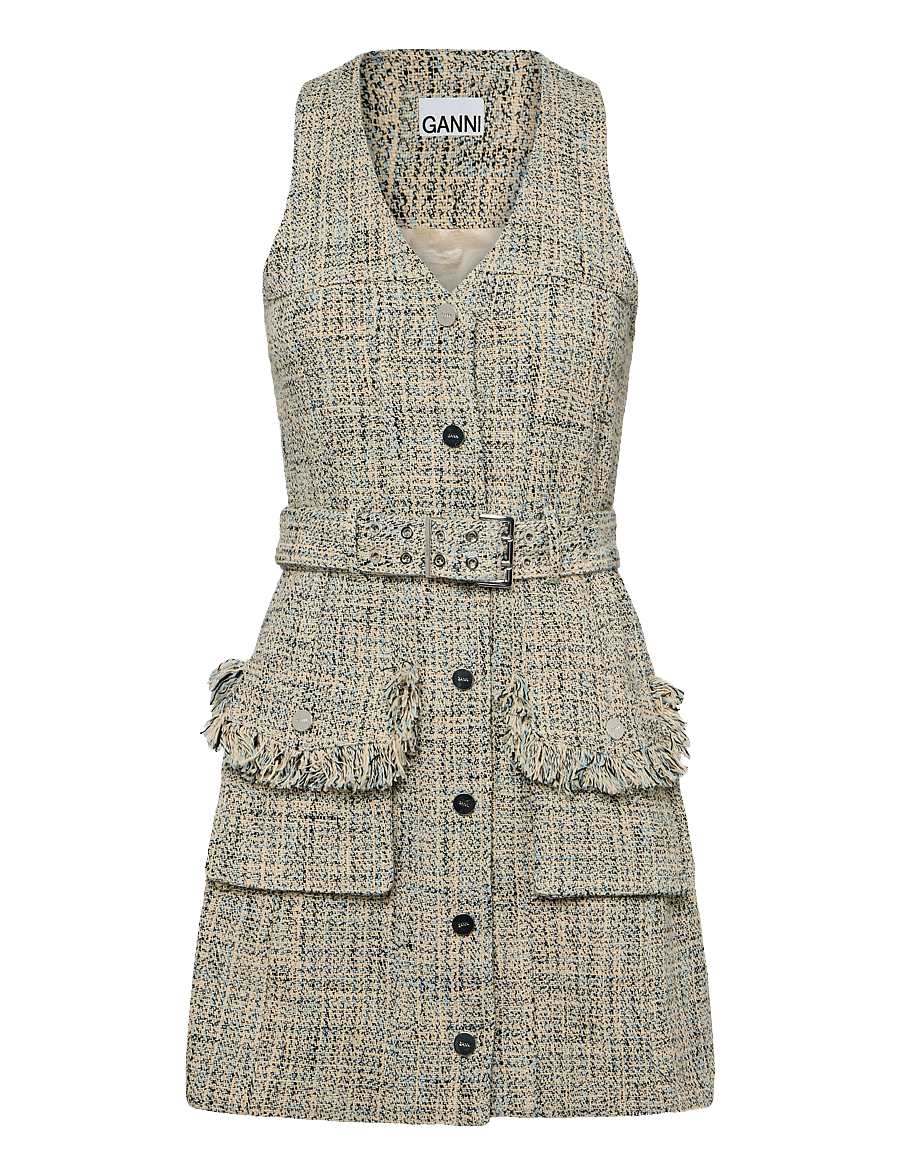 Ganni - Belted Tweed Minidress - korta klänningar - beige - 0