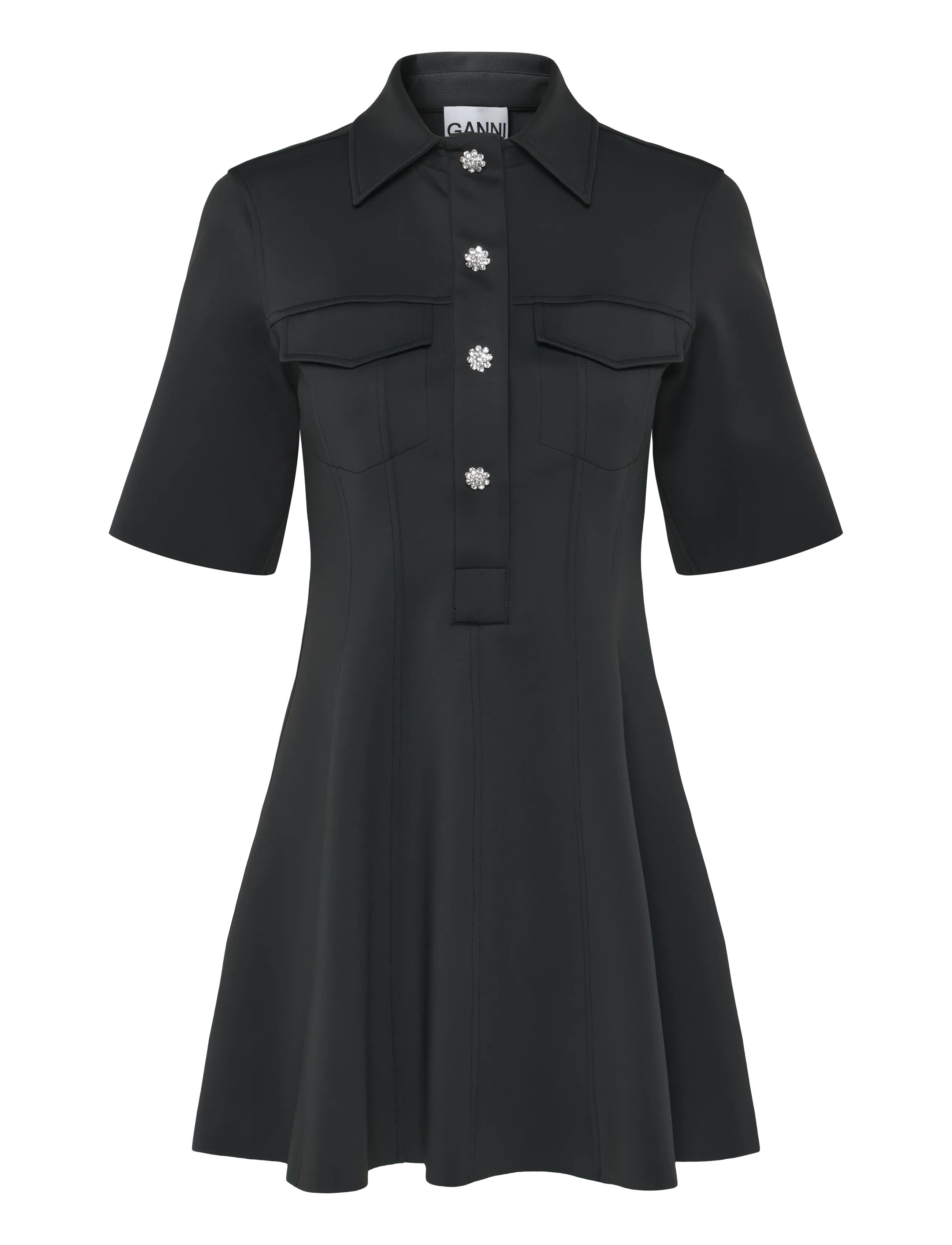 Ganni - Black Scuba Neoprene Mini Dress - skjortklänningar - black - 1