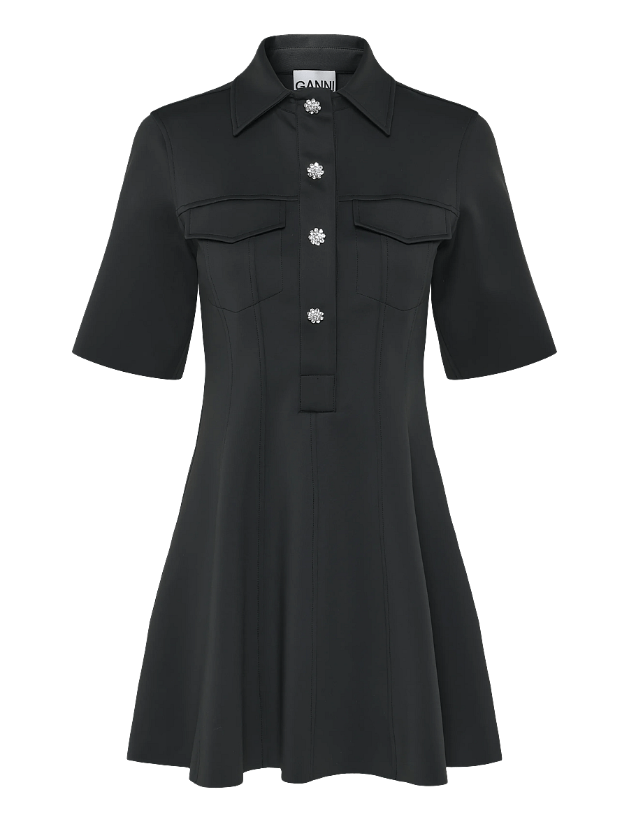 Ganni - Black Scuba Neoprene Mini Dress - skjortklänningar - black - 1