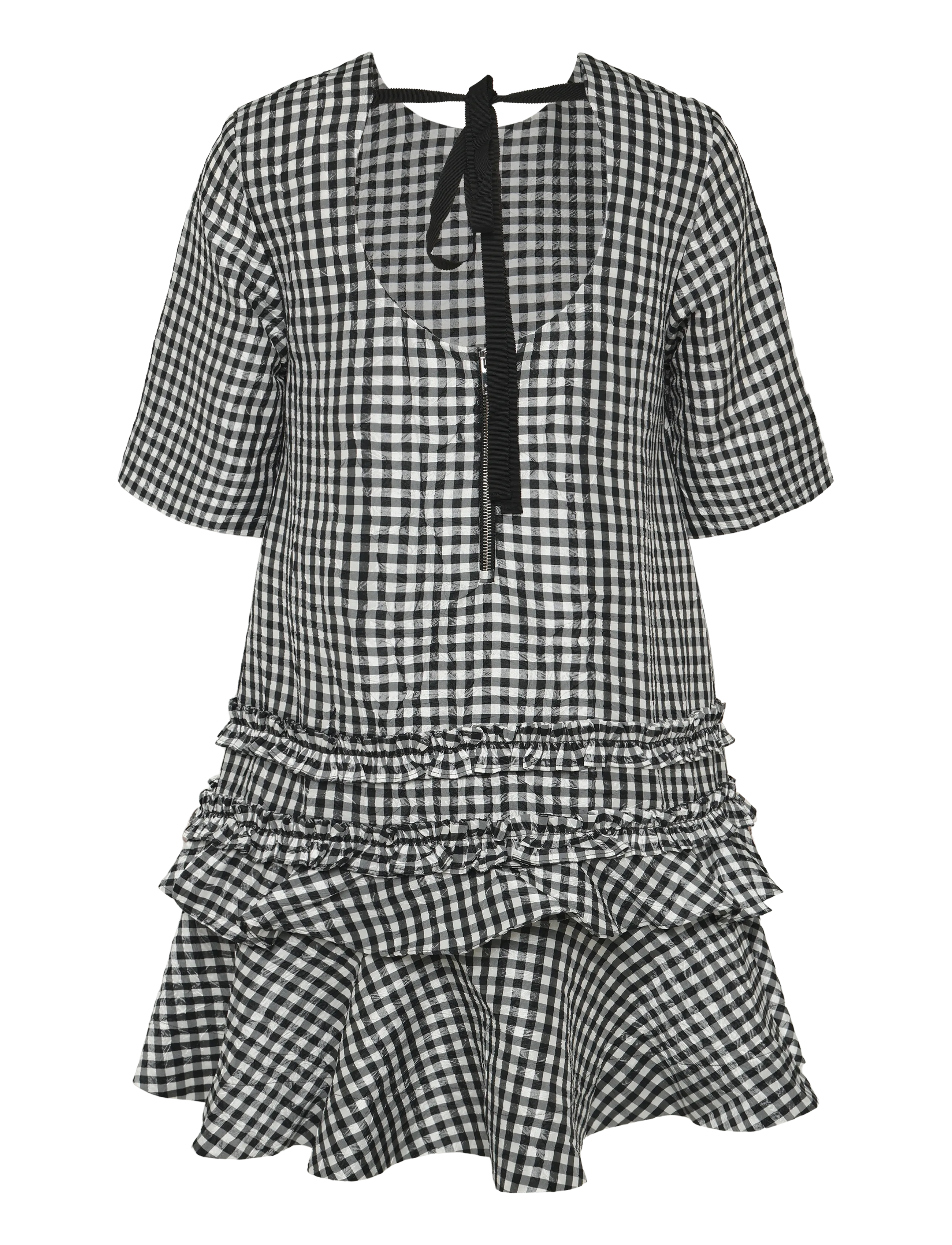 Ganni - Crinkled Check Mini Dress - korta klänningar - black - 1