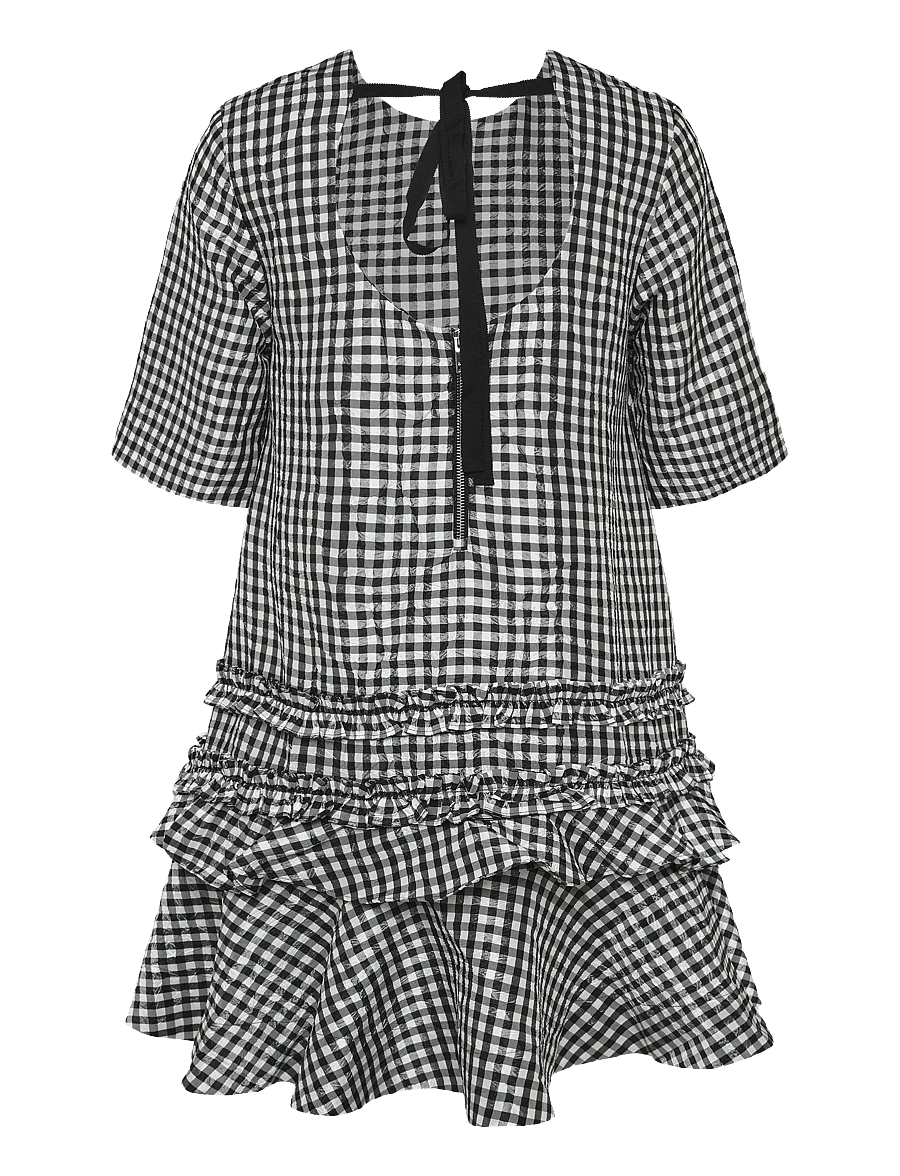 Ganni - Crinkled Check Mini Dress - korta klänningar - black - 1