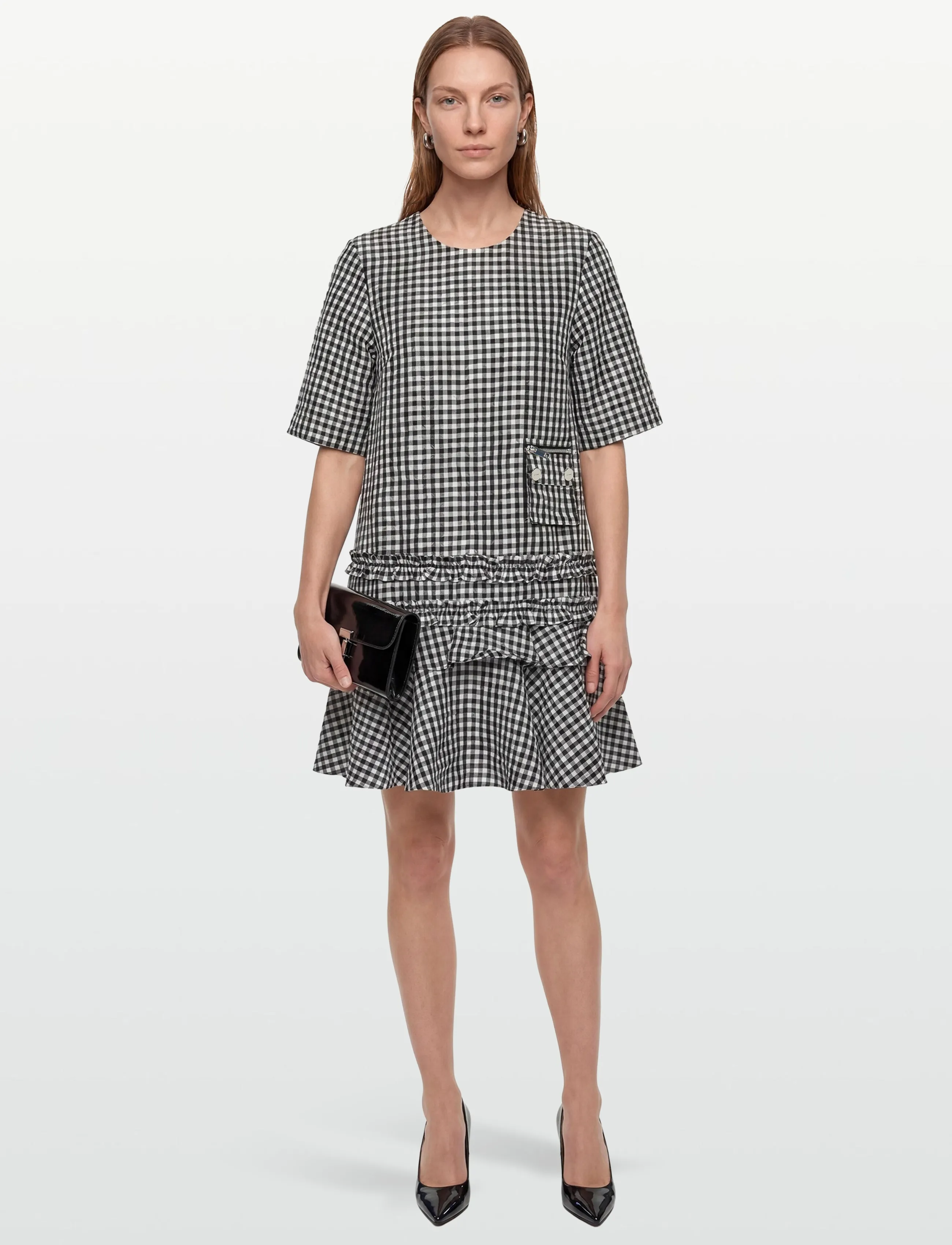 Ganni Crinkled Check Mini Dress, 32, Dresses, Schwarz - Short Frauen