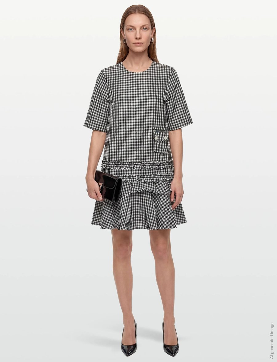 Ganni - Crinkled Check Mini Dress - korta klänningar - black - 0
