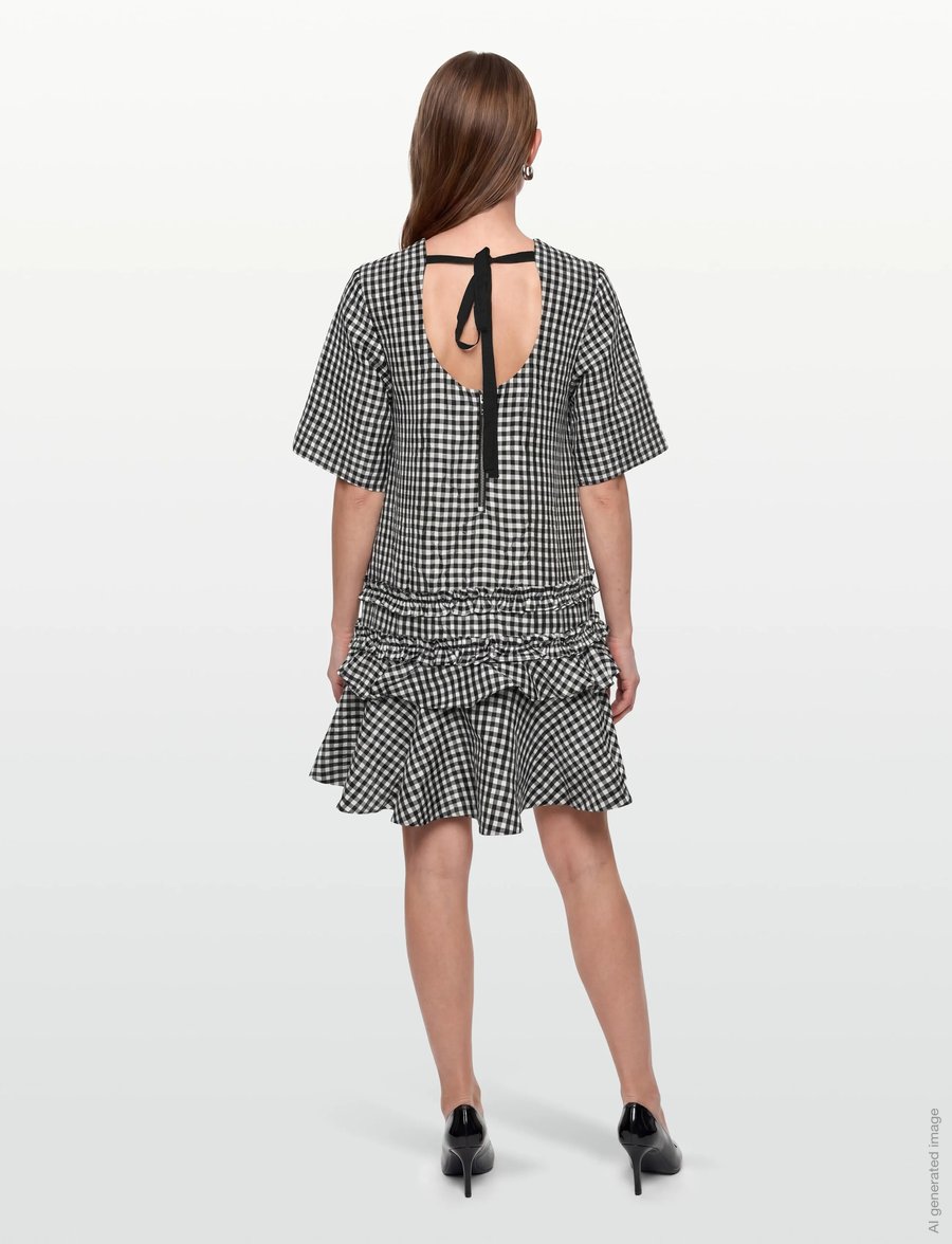 Ganni - Crinkled Check Mini Dress - korta klänningar - black - 4