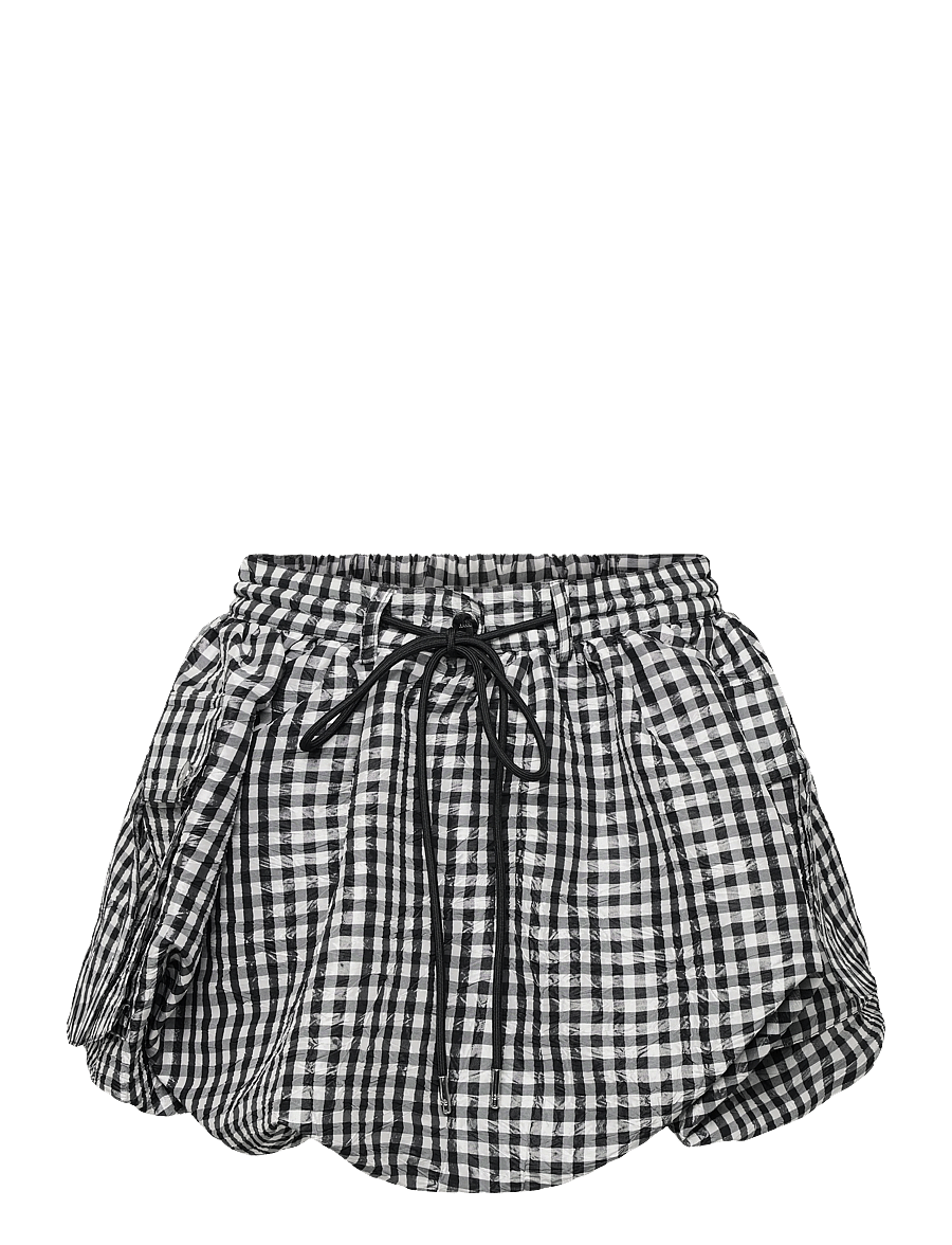 Ganni - Crinkled Taffeta Check Mini Bubble Skirt - korta kjolar - black - 1
