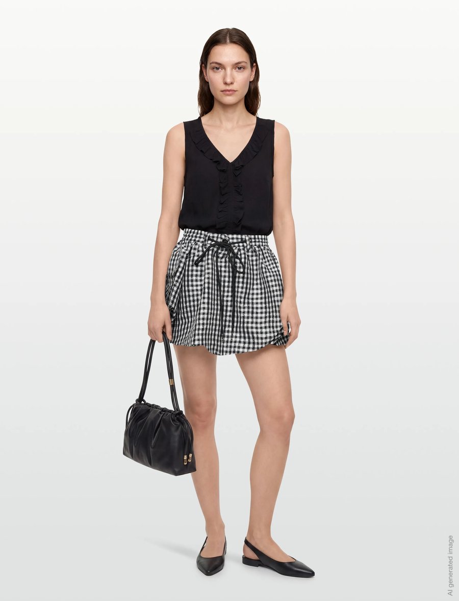 Ganni - Crinkled Taffeta Check Mini Bubble Skirt - korta kjolar - black - 0