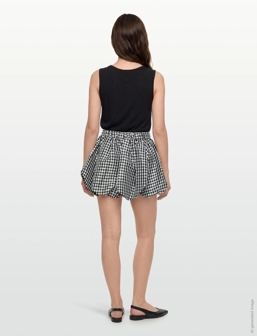 Ganni - Crinkled Taffeta Check Mini Bubble Skirt - korta kjolar - black - 4