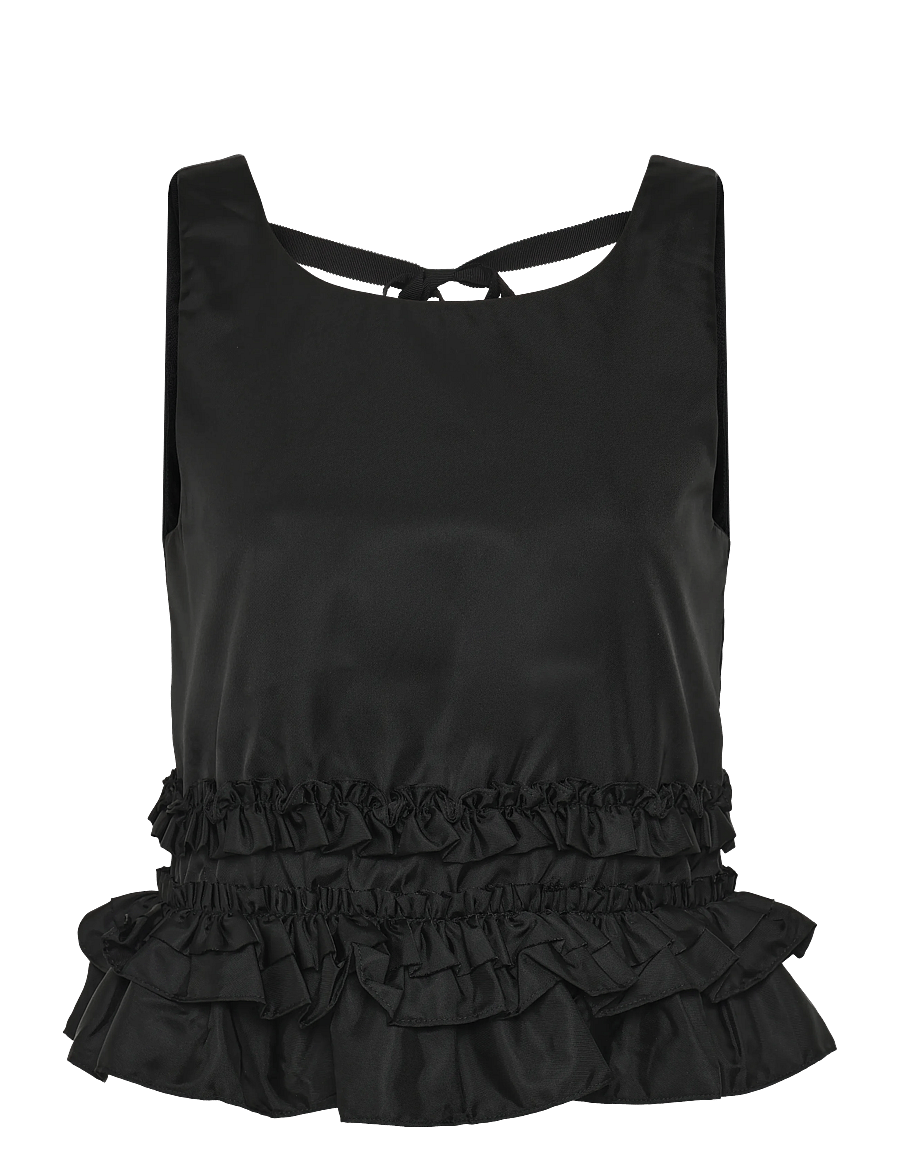 Ganni - Duchesse Nylon Open Back Frill Top - Ärmellose tops - black - 0