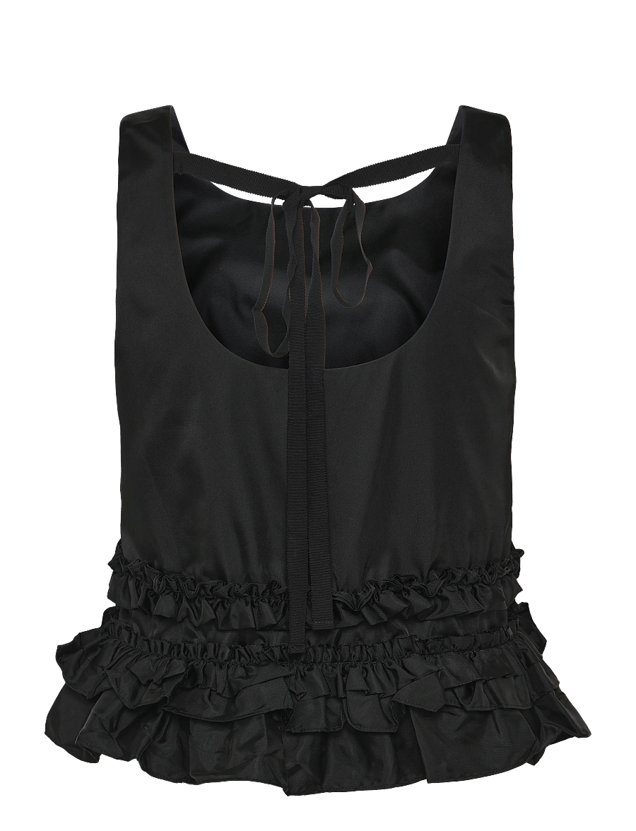 Ganni - Duchesse Nylon Open Back Frill Top - Ärmellose tops - black - 1