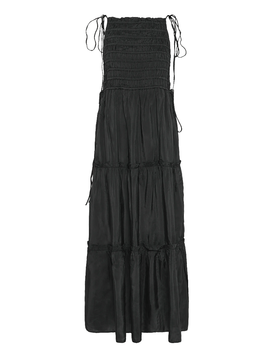 Ganni - Maxi Smock Tie Dress - sommarklänningar - black - 0