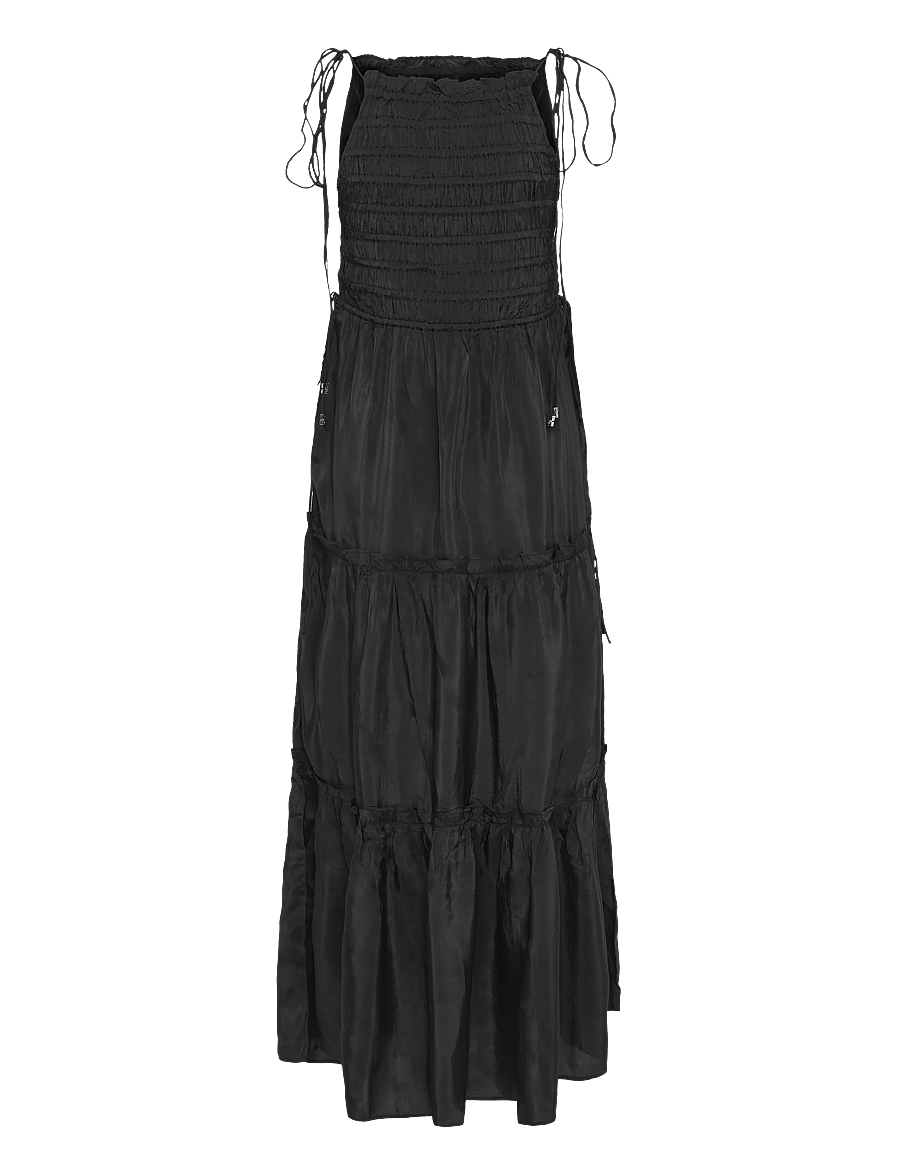 Ganni - Maxi Smock Tie Dress - sommarklänningar - black - 1