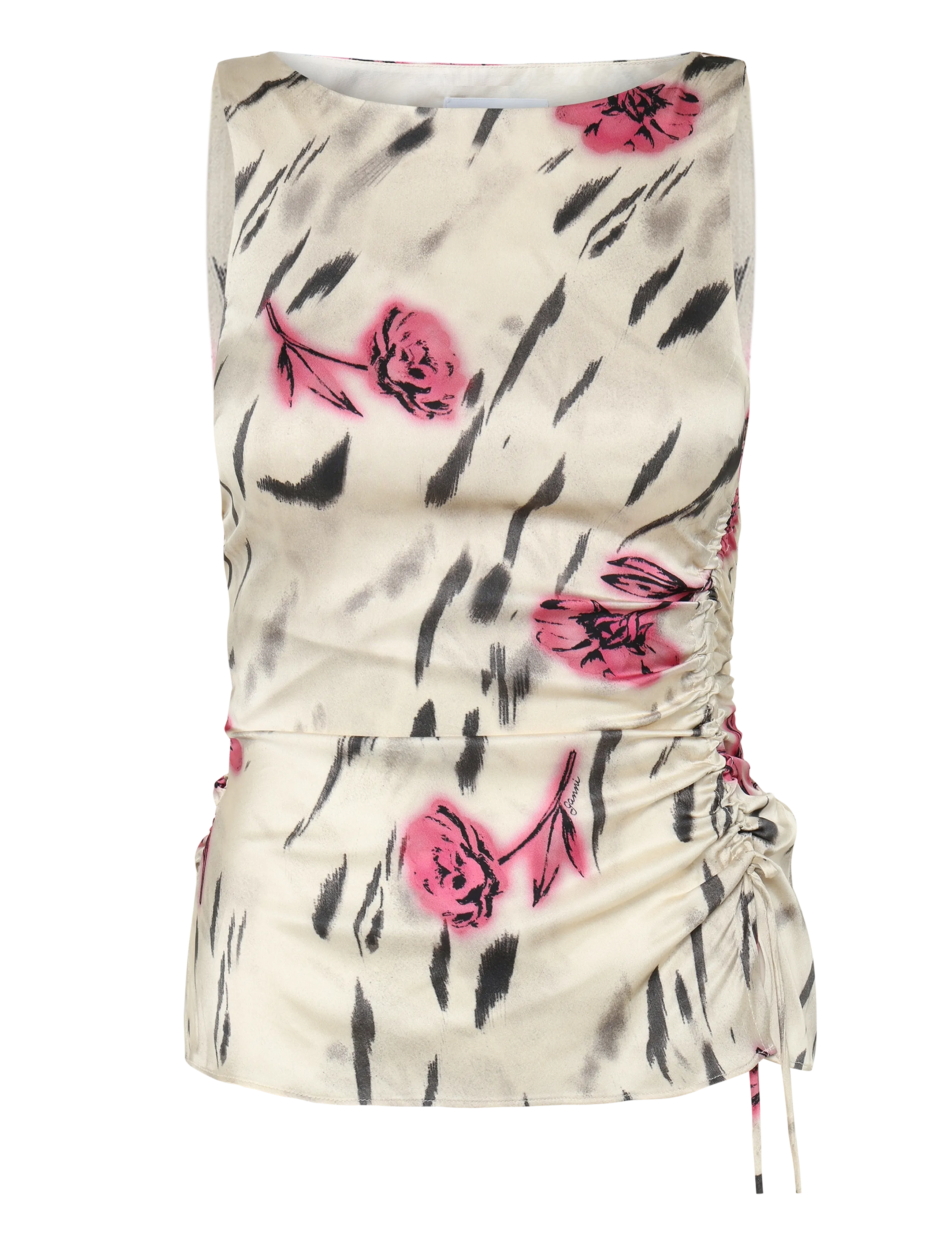 Ganni Floral Ruched Satin Top - Tanktops - MULTICOLORED / cream