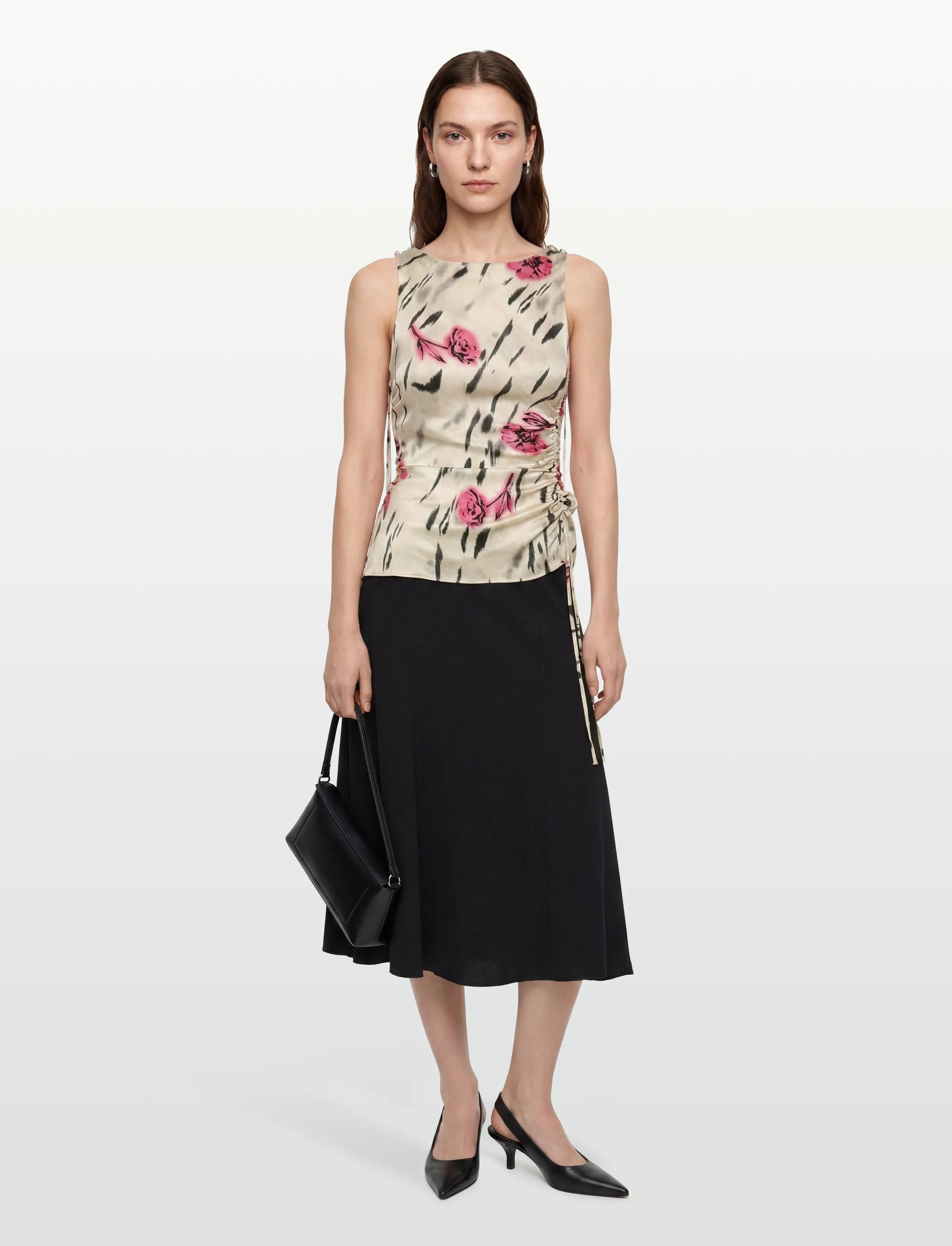 Ganni Floral Ruched Satin Top, Kvinder, Blomstret Rynket Top, Cream, Str: 38