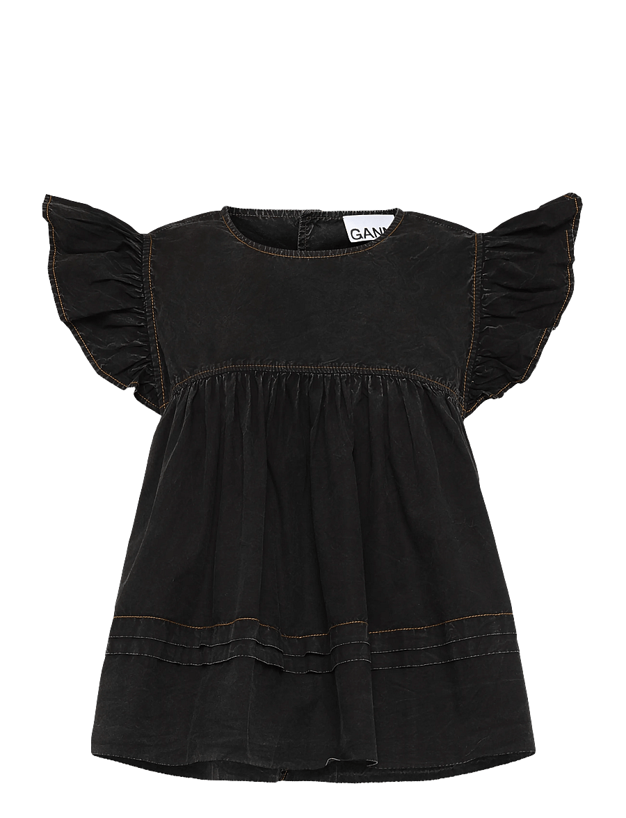 Ganni - Garment Dyed Cotton Frill Sleeve Top - t-shirts - black - 0
