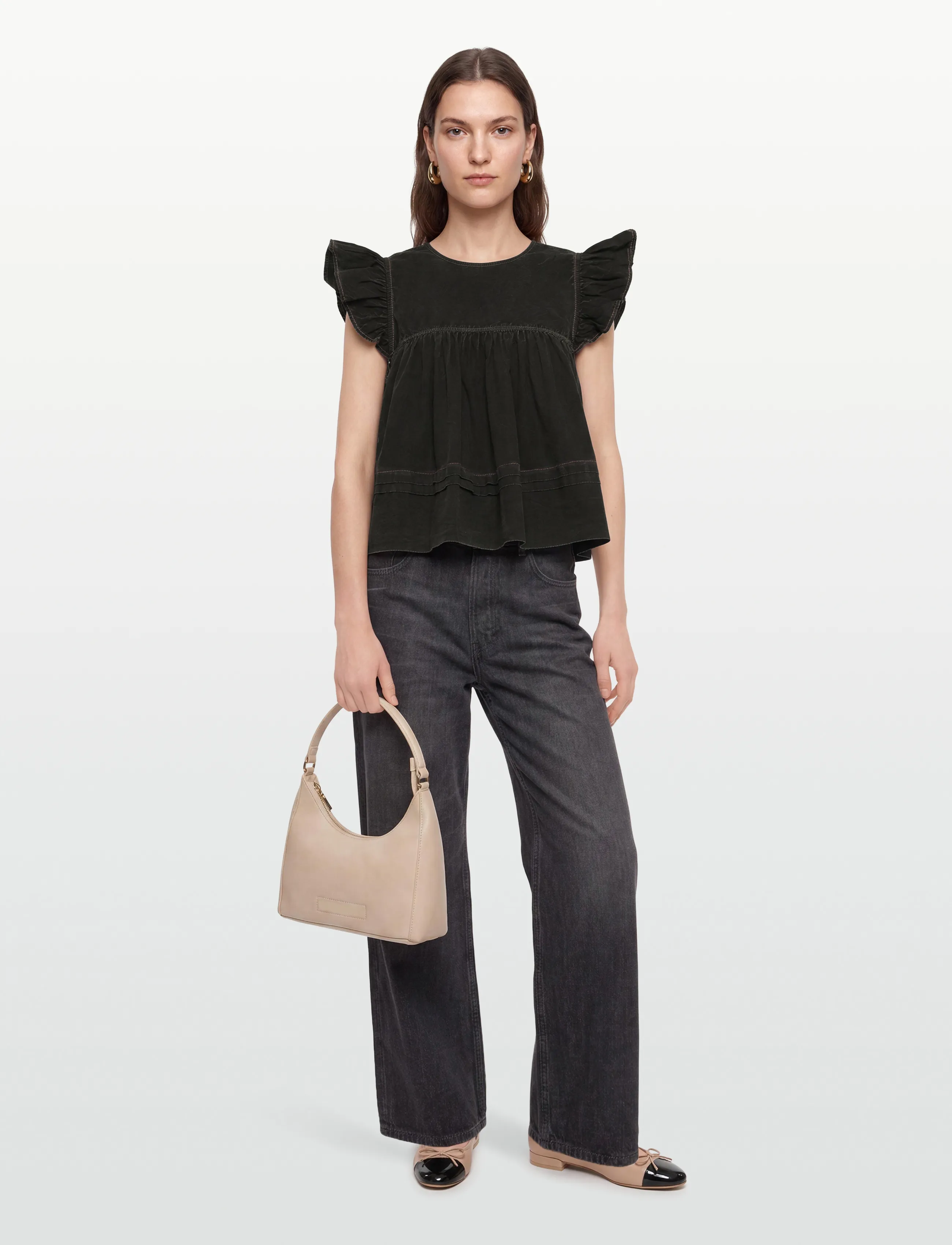 Ganni Garment Dyed Cotton Frill Sleeve Top, 44, Black, T-Shirts & Toppe > Kortærmede, Dame