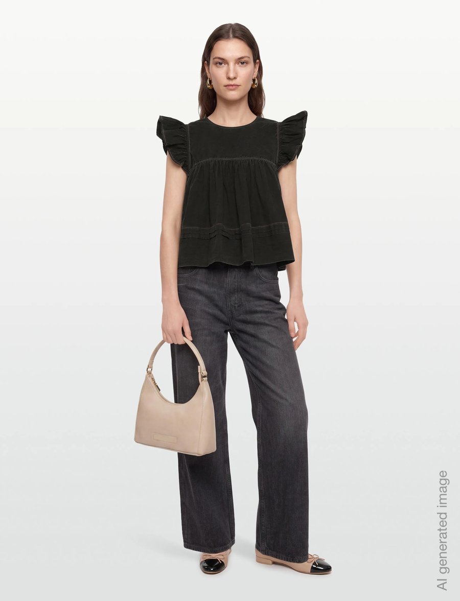 Ganni - Garment Dyed Cotton Frill Sleeve Top - t-shirts - black - 0