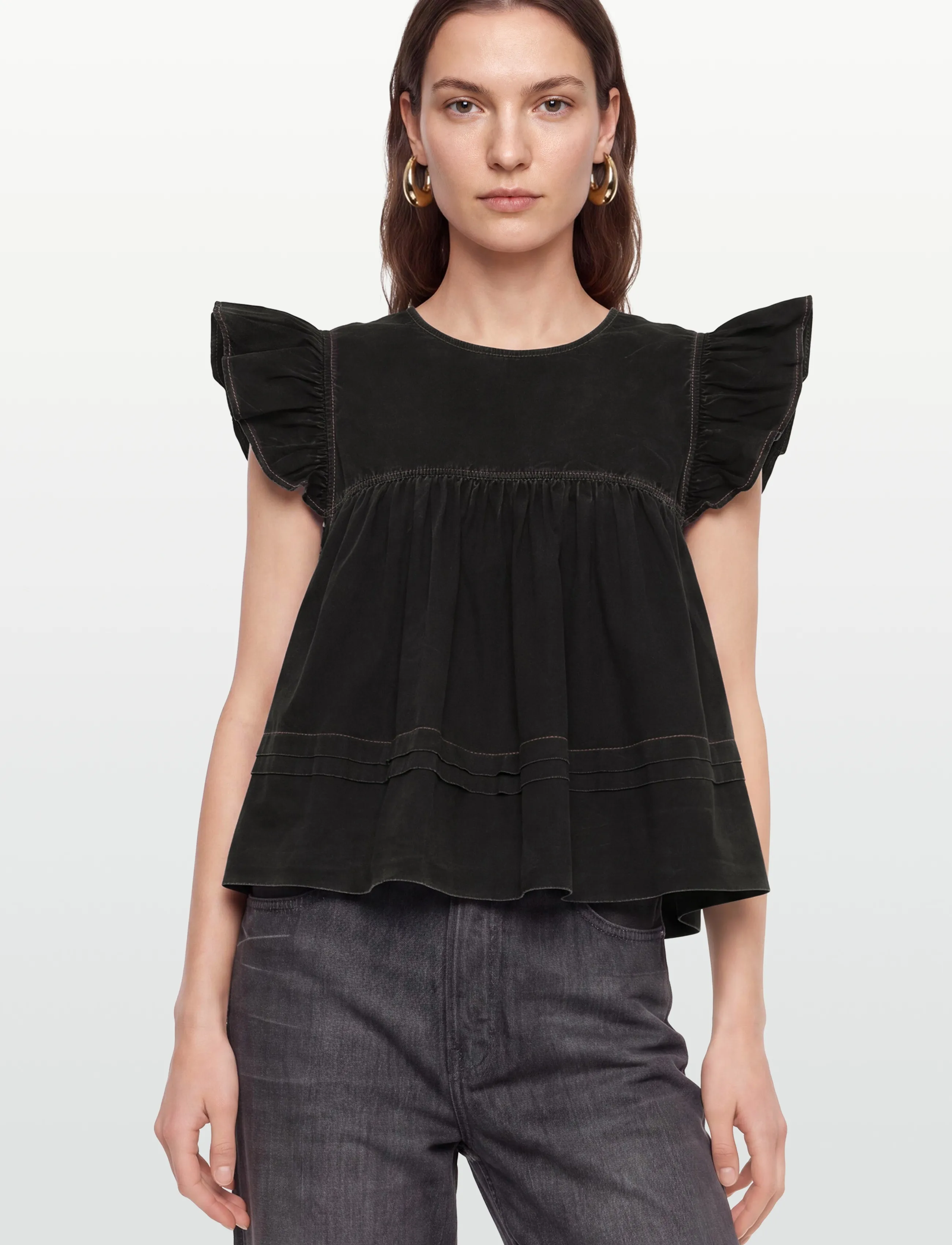 Ganni - Garment Dyed Cotton Frill Sleeve Top - t-särgid - black - 3