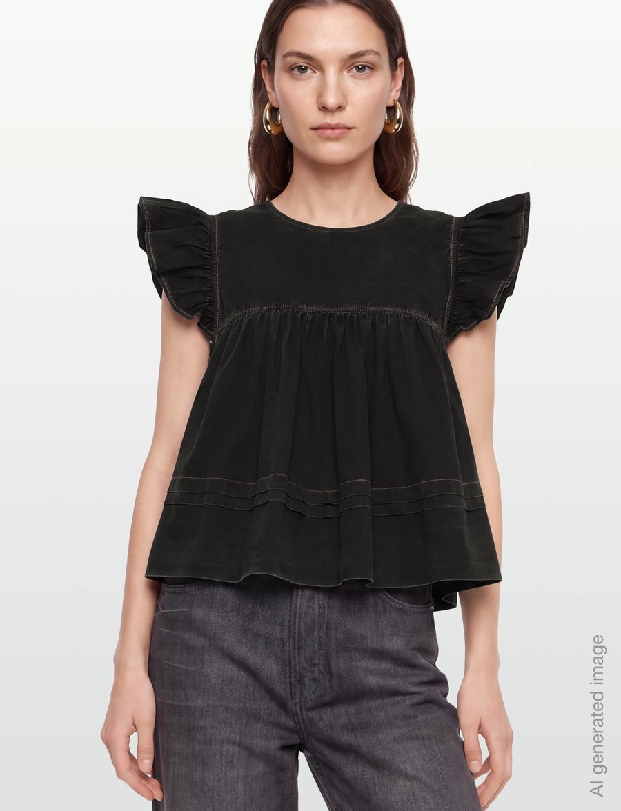 Ganni - Garment Dyed Cotton Frill Sleeve Top - t-shirts - black - 3