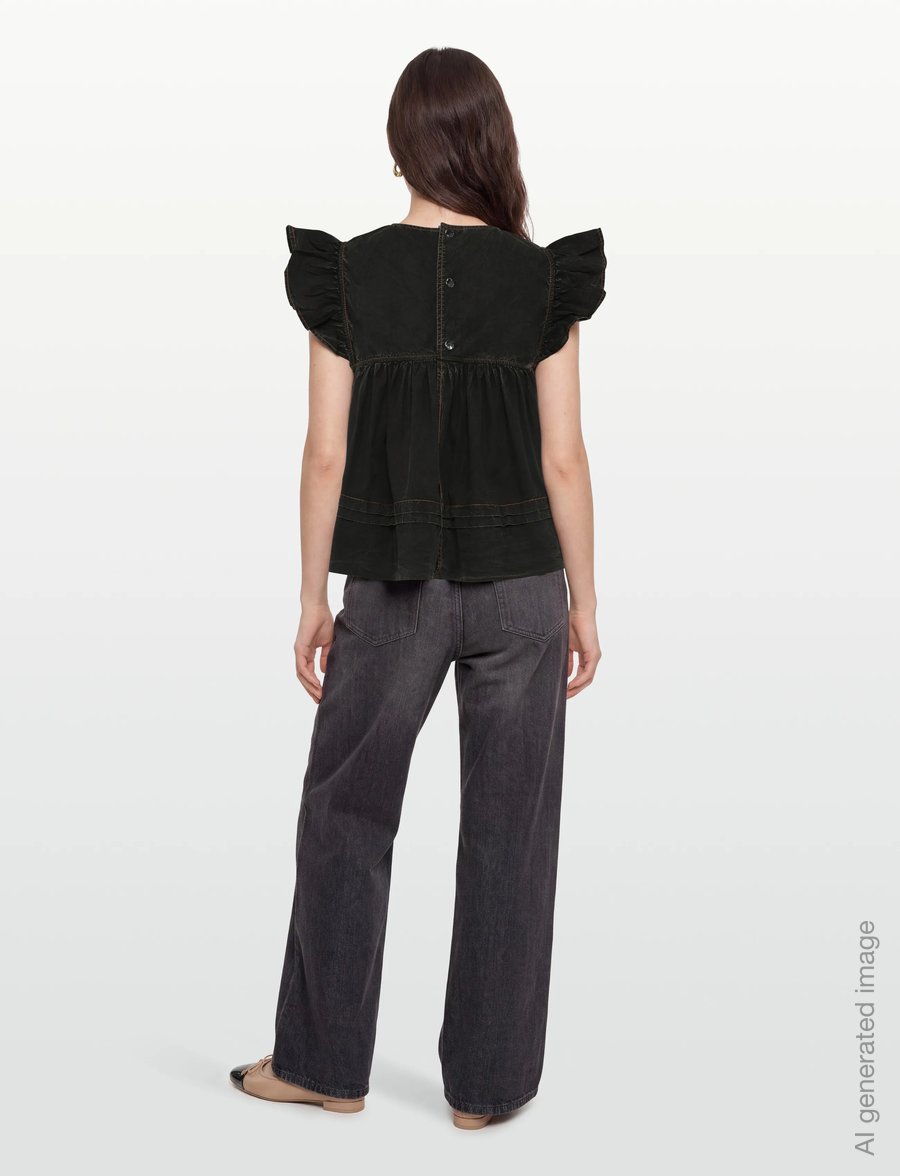 Ganni - Garment Dyed Cotton Frill Sleeve Top - t-shirts - black - 4