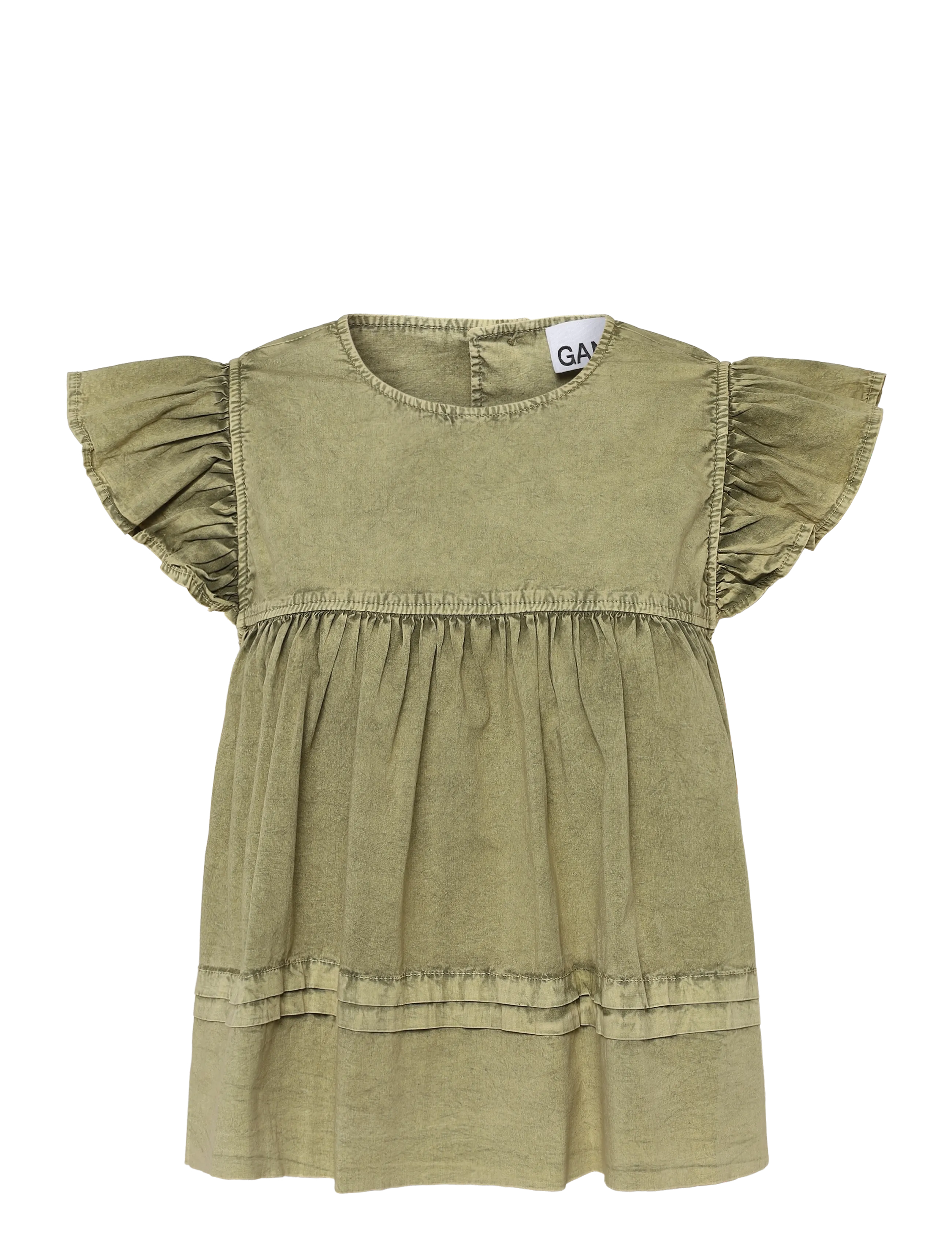 Ganni Washed Stretch Cotton Frill Sleeve Top - T-shirts - GREEN / khaki/green