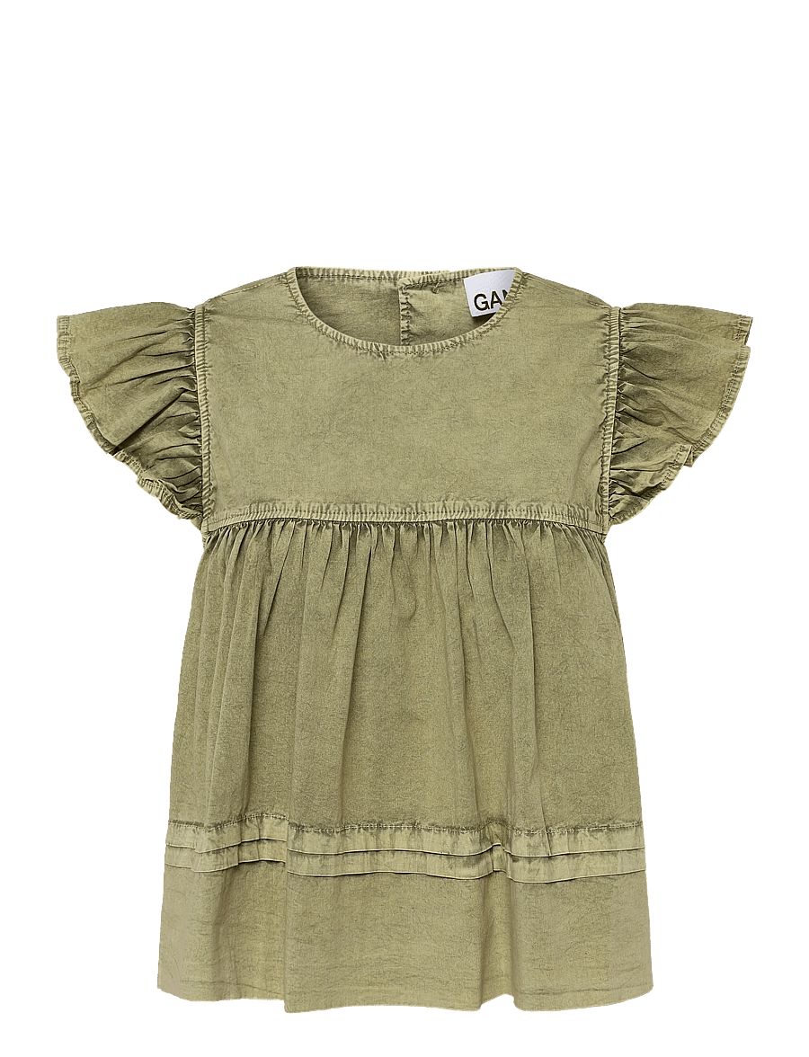 Ganni - Washed Stretch Cotton Frill Sleeve Top - t-särgid - green - 1
