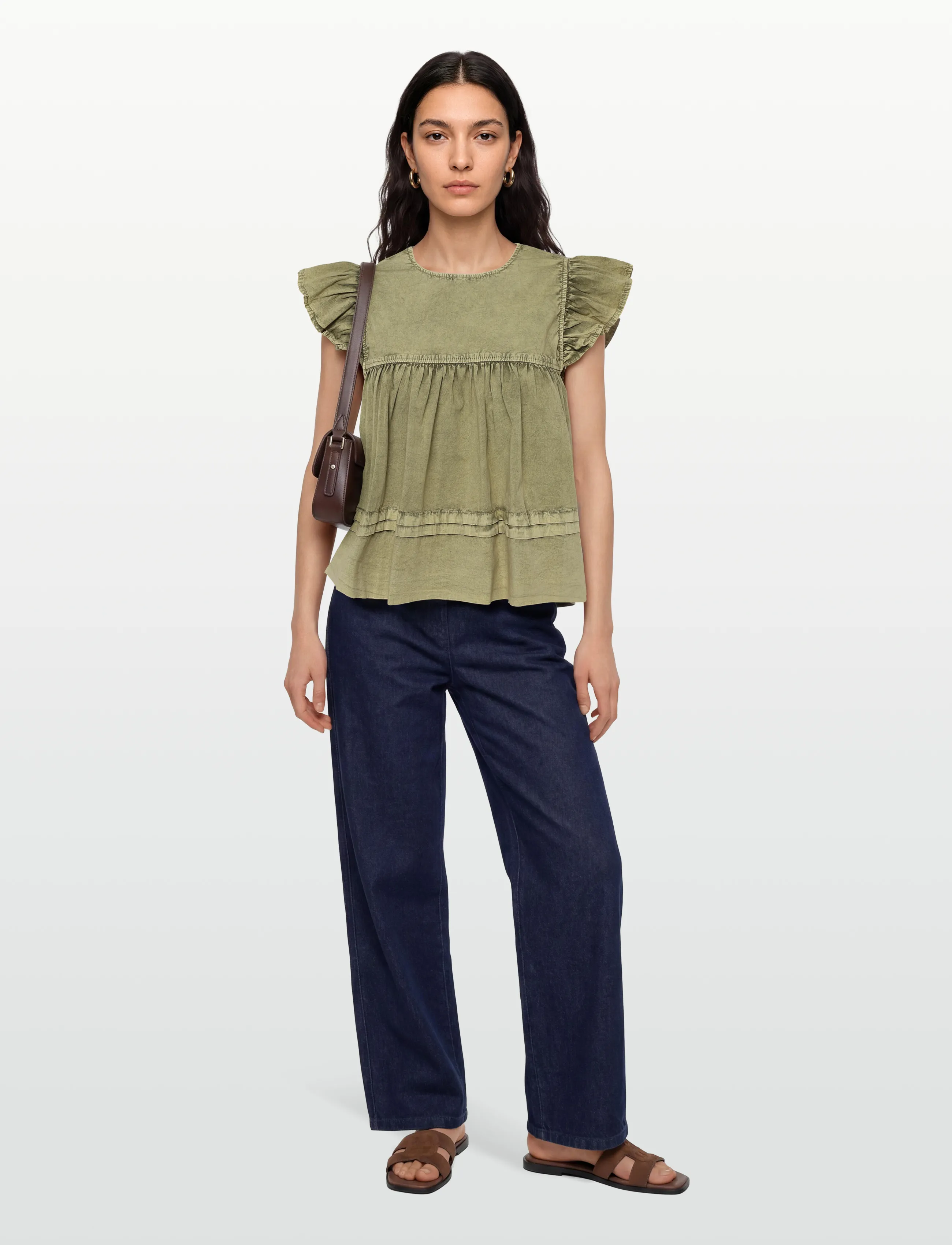 Ganni Washed Stretch Cotton Frill Sleeve Top, 40, T-shirts & Oberteile, Khakigrün - Short-sleeved, Frauen
