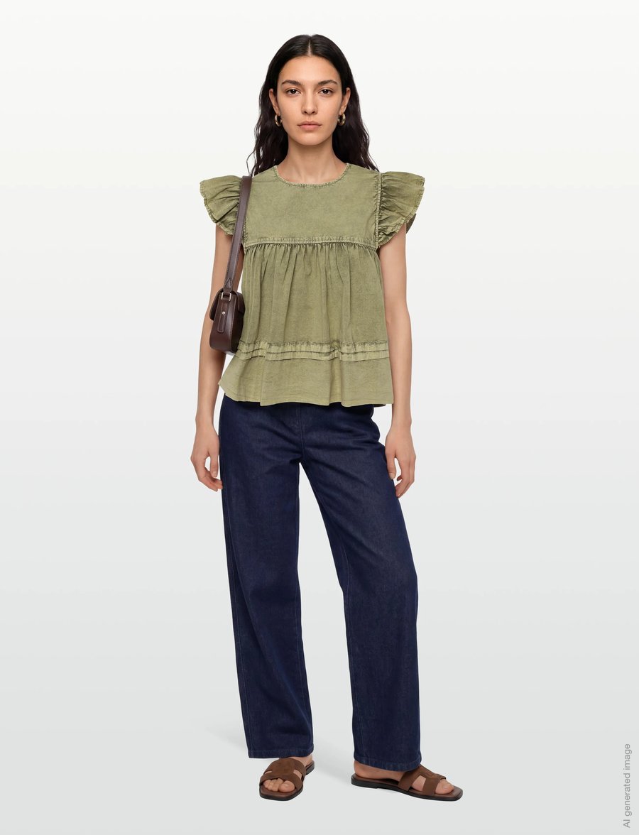 Ganni - Washed Stretch Cotton Frill Sleeve Top - t-särgid - green - 0