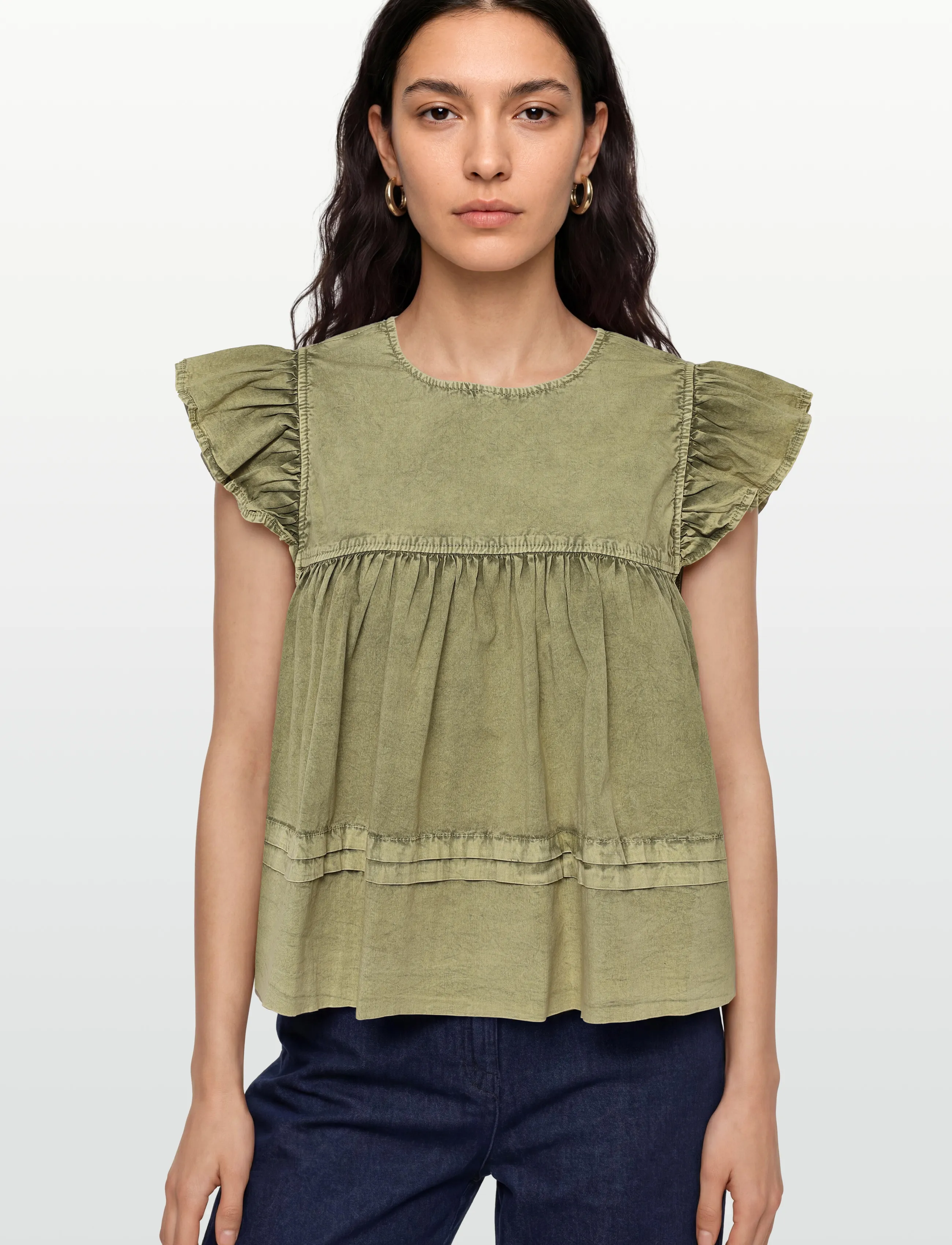 Ganni - Washed Stretch Cotton Frill Sleeve Top - t-särgid - green - 3