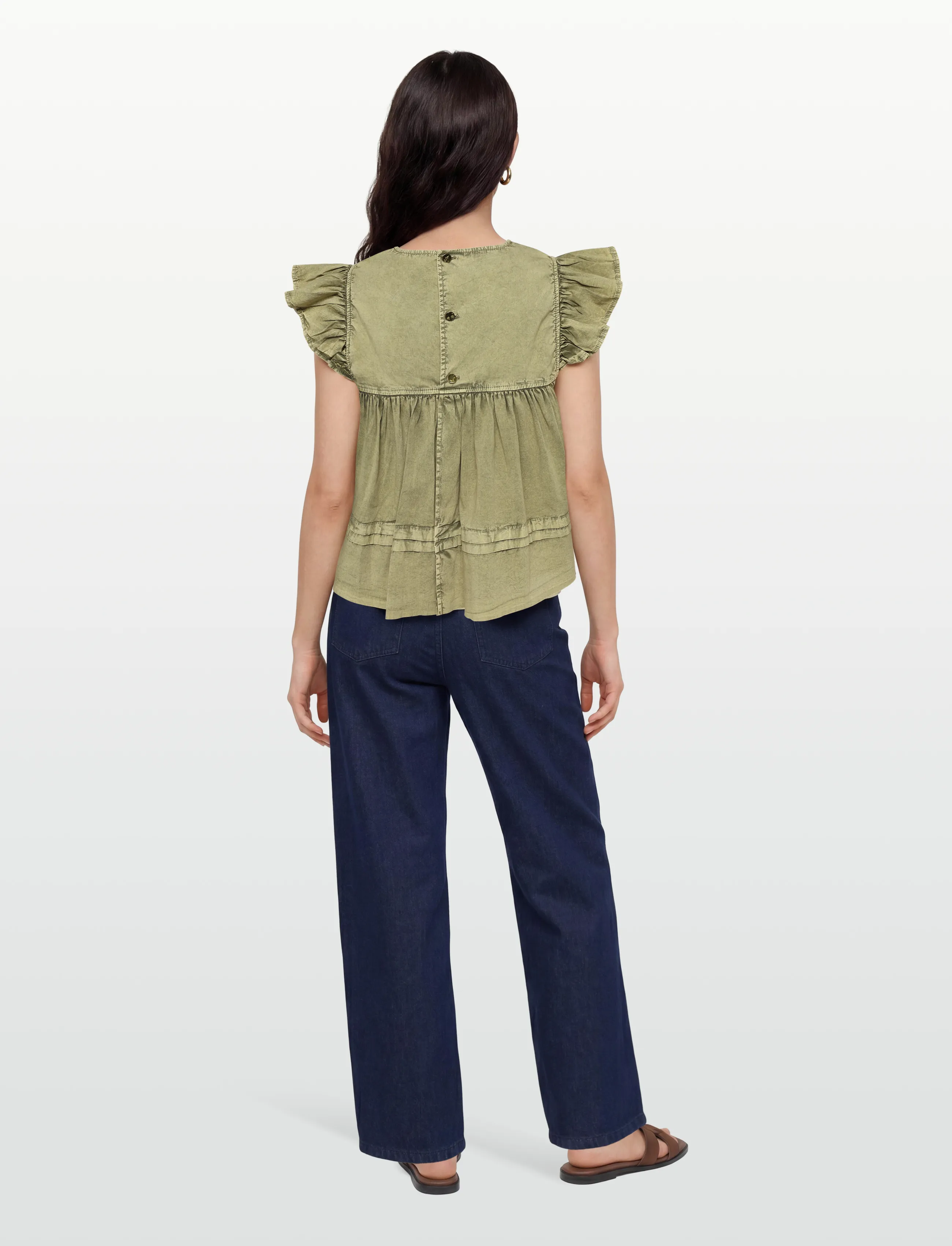Ganni - Washed Stretch Cotton Frill Sleeve Top - t-särgid - green - 4